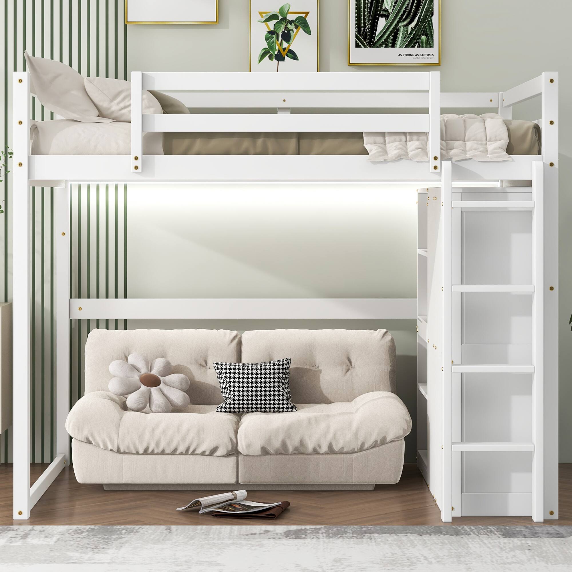 Left. Whisen - Full Size Loft Bed with Built-in Wardrobe, Storage Shelves and LED Light, Wood Frame - White.