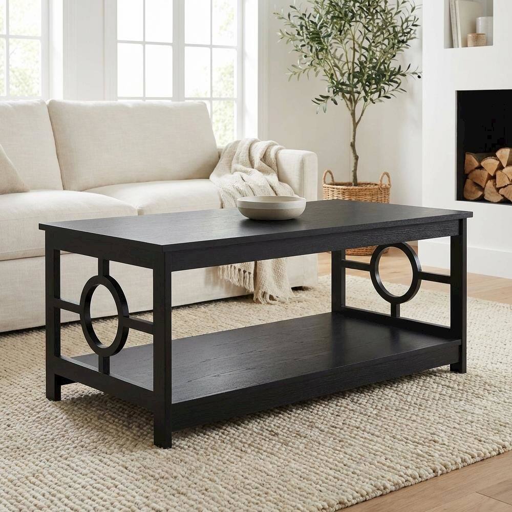 Back. FurniFact - Black Coffee Table with Ring Design, Particle Board and MDF Construction - Black.