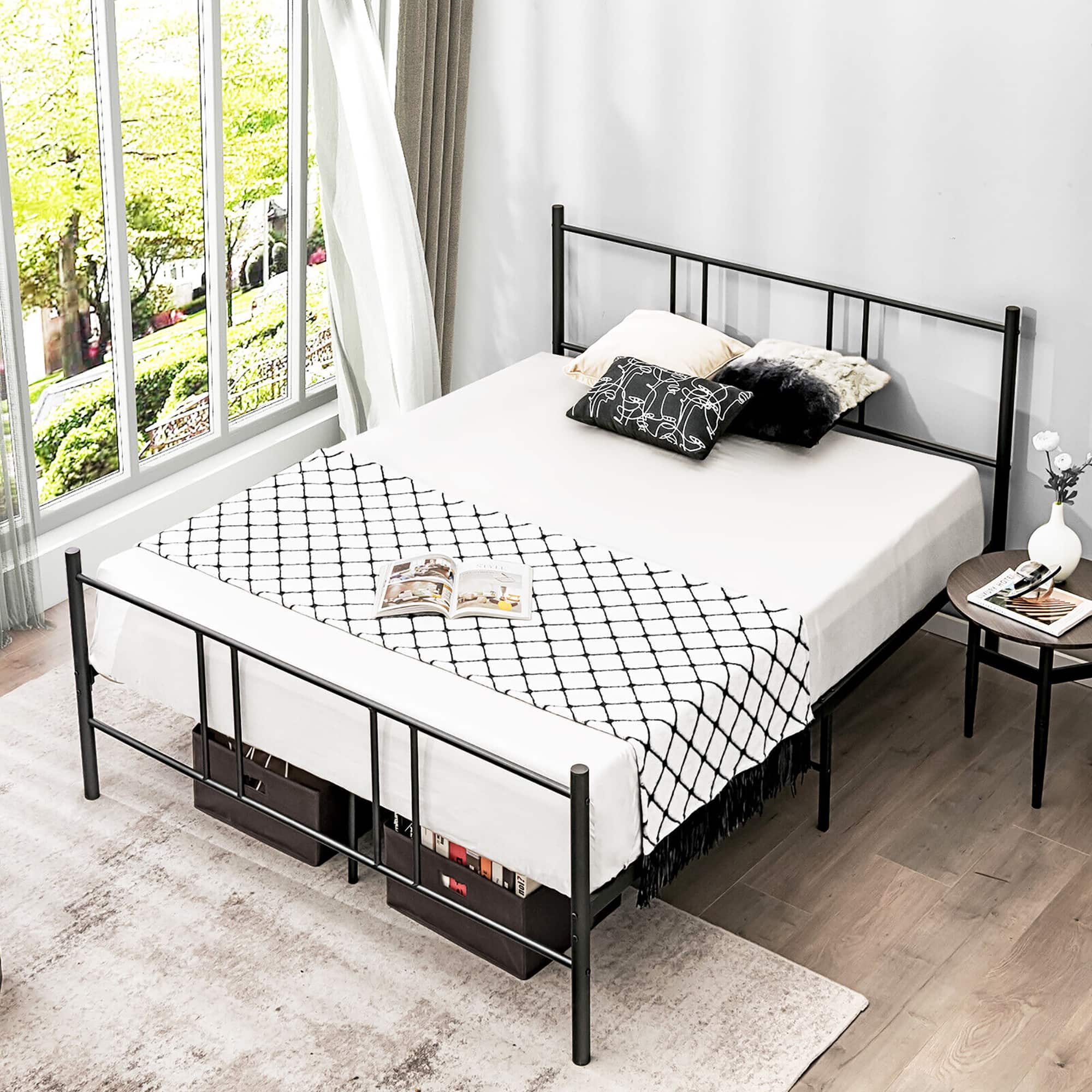 Gymax - Full Size Steel Platform Bed Frame Headboard Heavy-Duty Mattress Foundation - Black