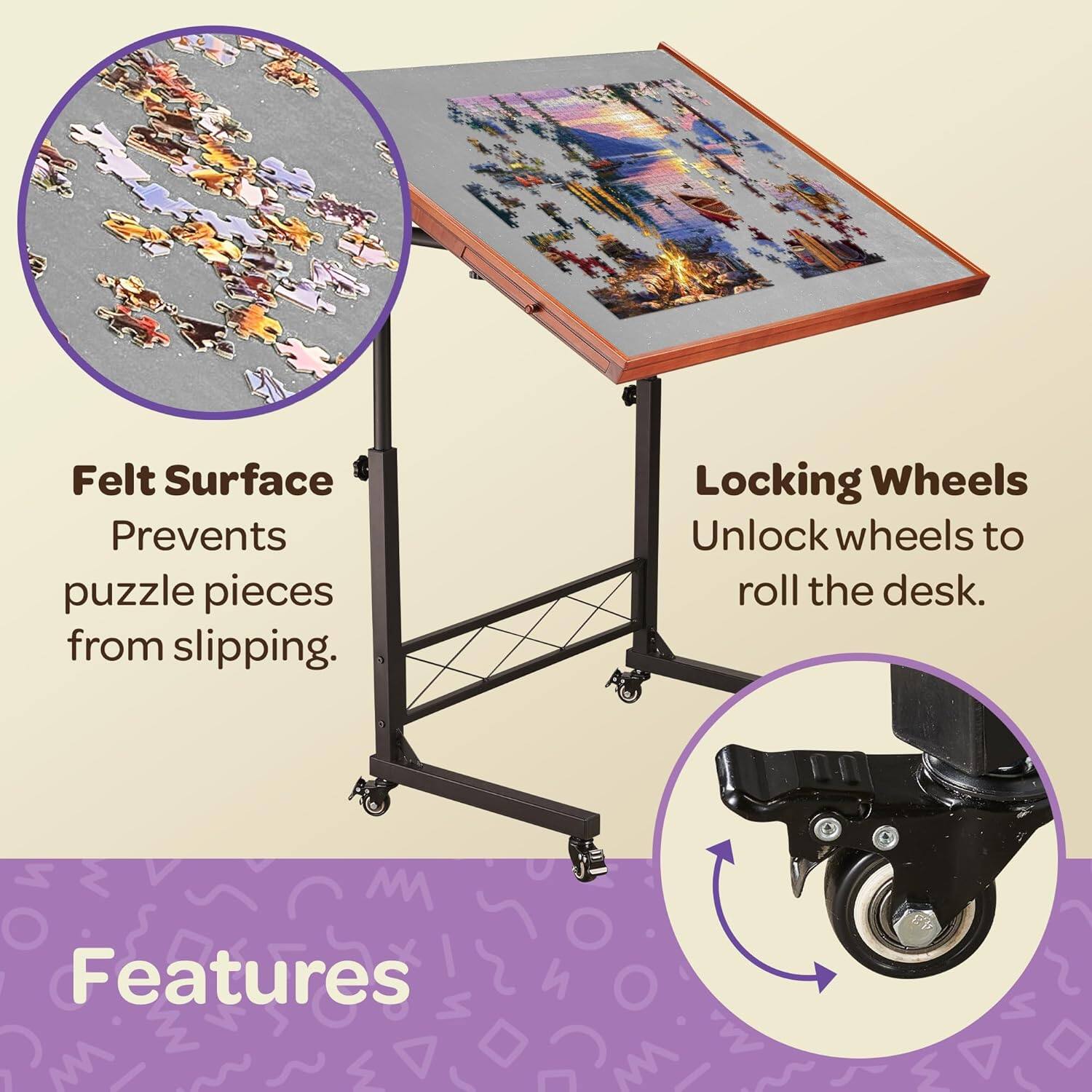 Felt Surface Prevents puzzle pieces from slipping.  
Locking Wheels Unlock wheels to roll the desk.  
Features