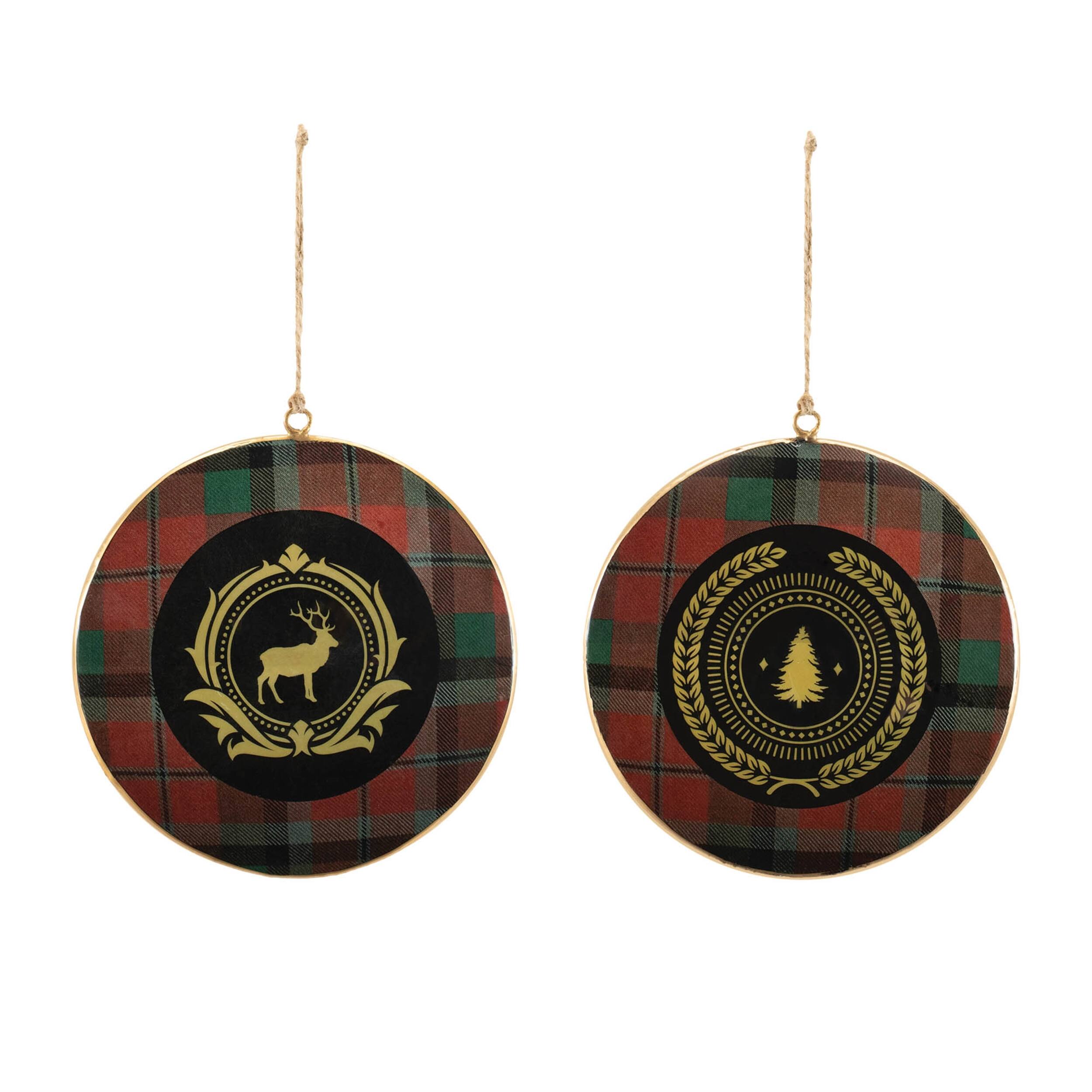 Angle. BreeBe - Metal Deer and Pine Tree Disc Ornament (Set of 6) - Red, Black.