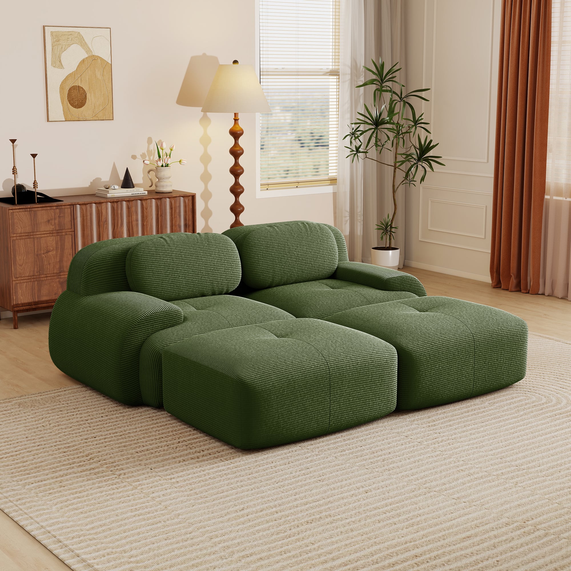 Front. Aukfa - 2 Seats + 2 Ottoman Modular Corduroy Sectional Sofa - Ergonomic Support, Pet Friendly, Easy Assembly, Non-Slip Base - Green.