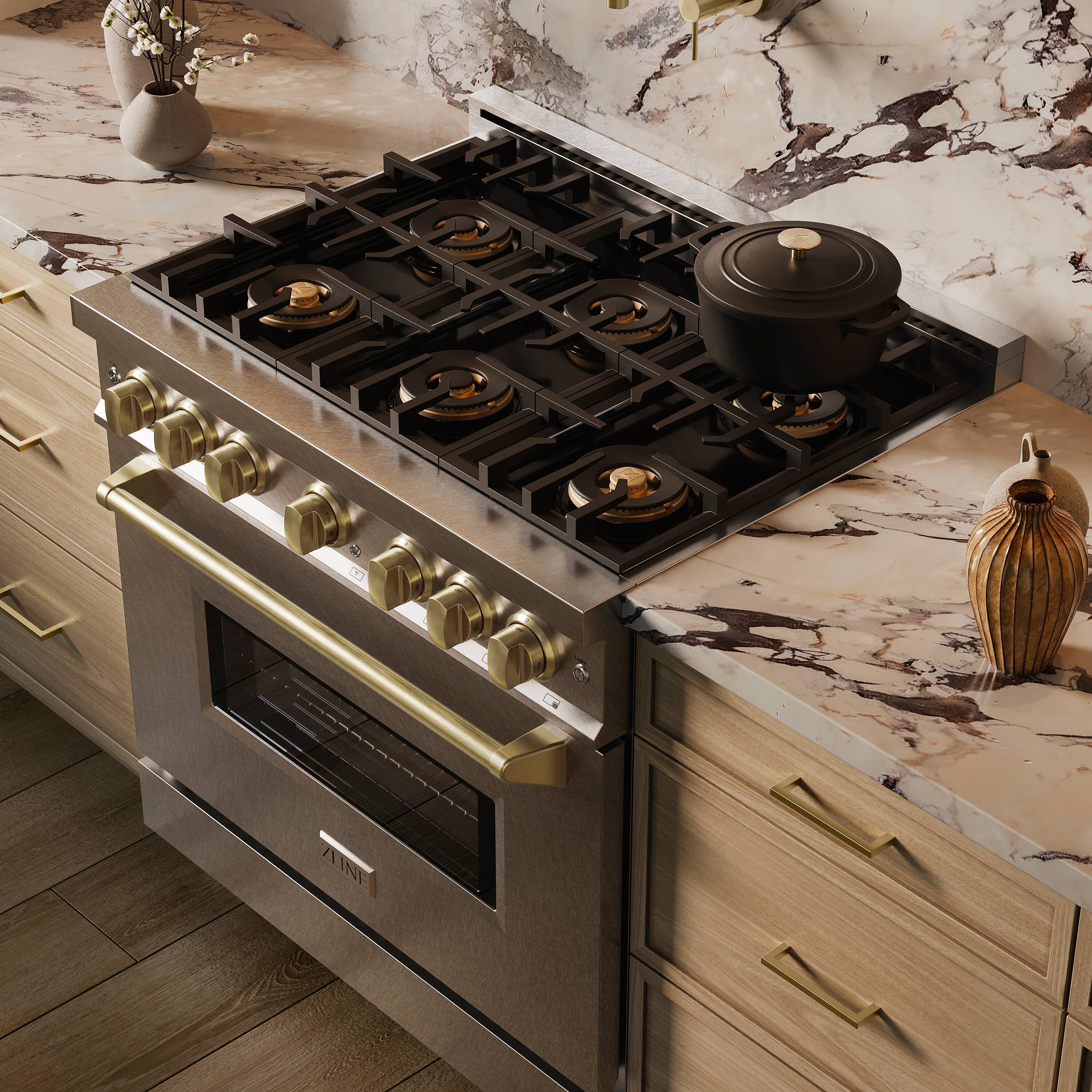 Alt View 6. ZLINE - Autograph 36 in. 5.2 cu. ft. Classic Freestanding DuoPro Gas Range w/ Convection Oven in Satin Steel & Bronze Accents - Satin Stainless Steel.