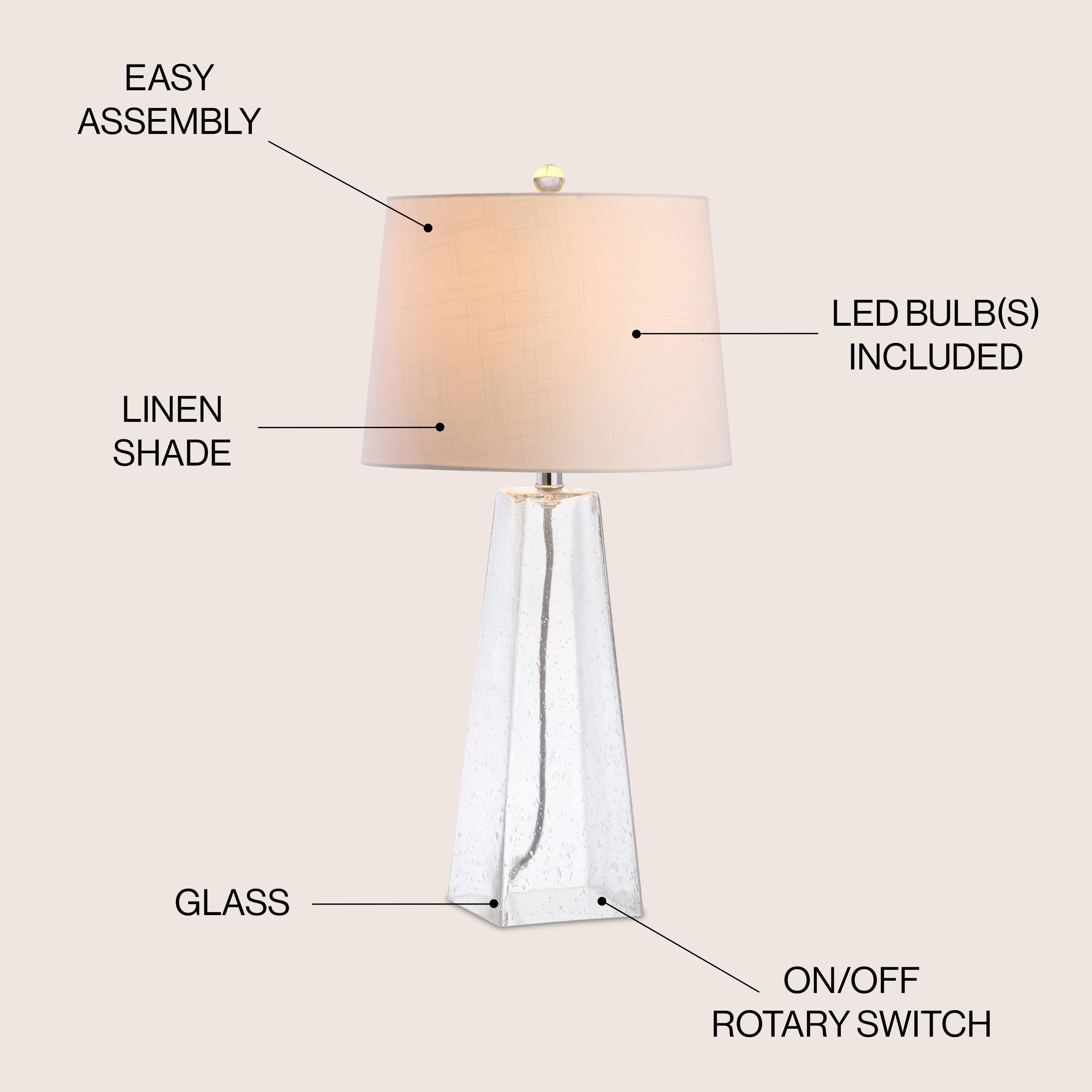 - Easy Assembly
- Linen Shade
- LED Bulb(s) Included
- Glass
- On/Off Rotary Switch
