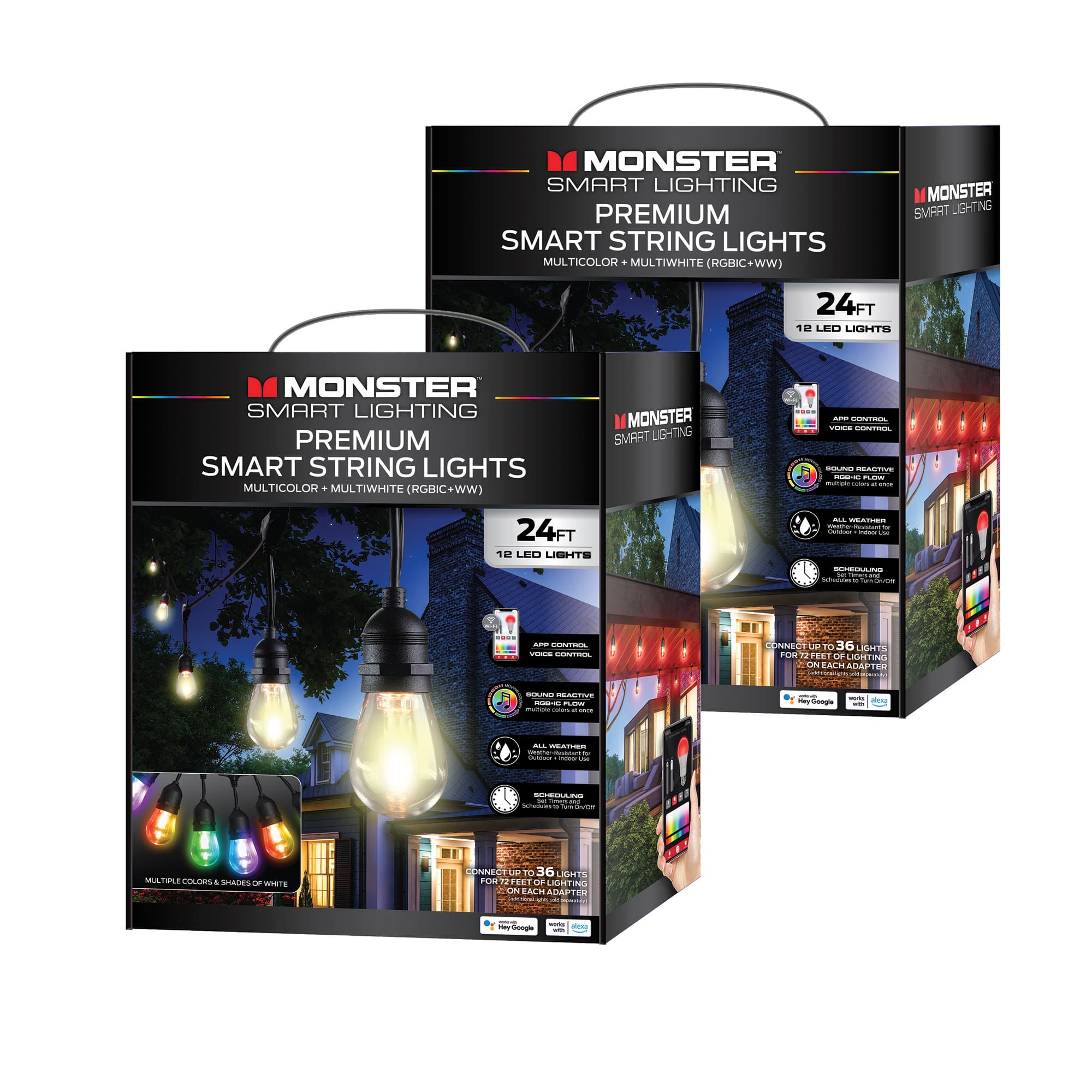 Monster - 48 ft Smart String Lights with 24 LED Lights for Outdoor Lighting & Backyard Lights - Multicolor