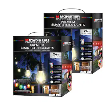 MONSTER SMART LIGHTING PREMIUM SMART STRING LIGHTS MULTICOLOR MULTIWHITE (RGBIC+WW)
MONSTER SMART LIGHTING 24FT 10 LED LIGHTS
MONSTER SMART LIGHTING PREMIUM SMART STRING LIGHTS MULTICOLOR MULTIWHITE (RGBIC+WW)
MONSTER SMART LIGHTING - CNA - 24FT 12 LED LIGHTS
- APP CONTROL, VOICE CONTROL
- SOUND REACTIVE
- ALL WEATHER
- ROBUST BUILD
- CONNECT UP TO 36 LIGHTS FOR 72 FT OF LIGHTING ON EACH ADAPTER
- COMPATIBLE WITH Alexa and Google Assistant
MULTIPLE COLORS & SHADES OF WHITE