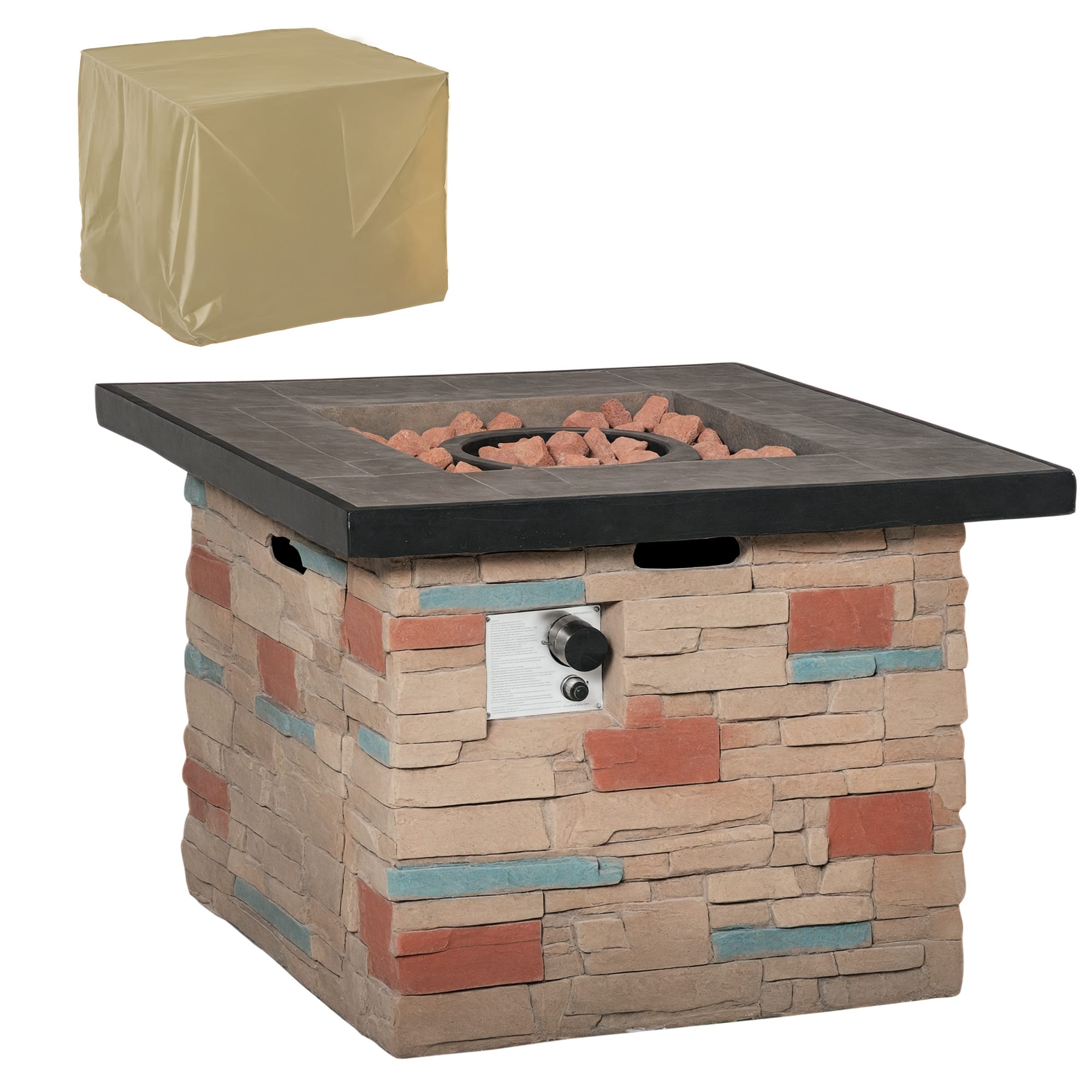 Outsunny - 32 Inch Outdoor Propane Gas Fire Pit Table, 50,000 BTU Auto-Ignition Rectangular Faux Ledge Stone Gas Firepit - Brown