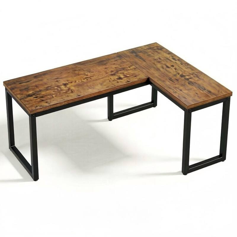 Back. Dyonery - Dyonery 66-in L-shaped computer desk, metal frame, rechargeable,  corner-style desk, suitable for office use - Brown.