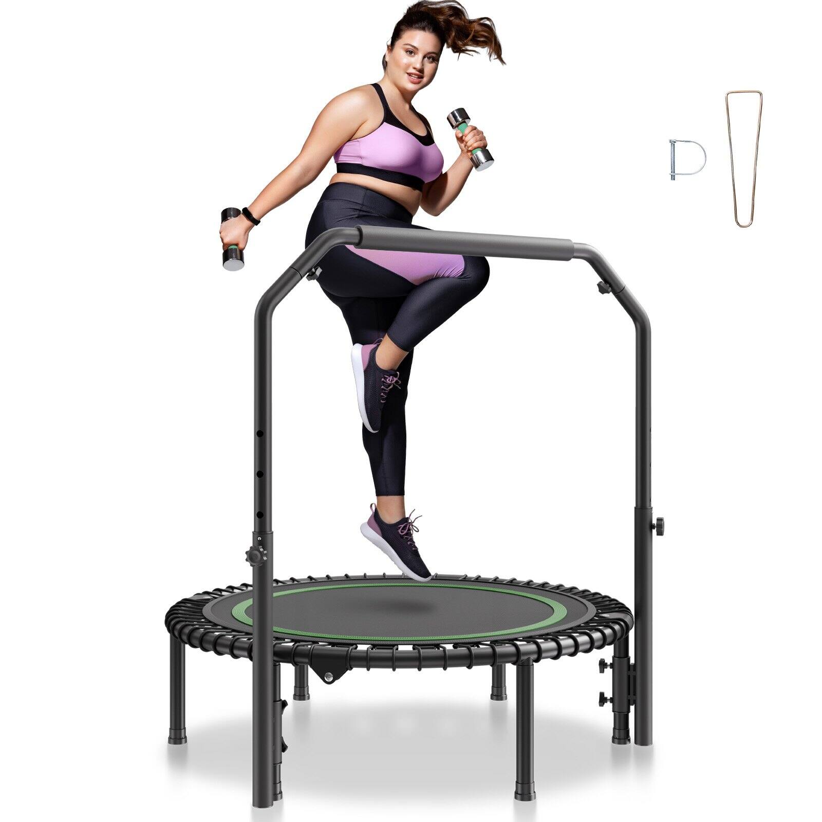 Front. Glintex - Foldable Mini Trampoline, 40 in Rebounder, 330 lb Capacity, 4-Level Adjustable Handle, Stable Quiet Workout - Black & Green.