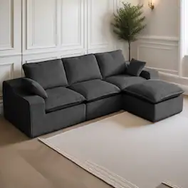 Dyonery - 107" L-shaped compression sofa, movable footstool, flexible combination, suitable for living room, corduroy, black - Black