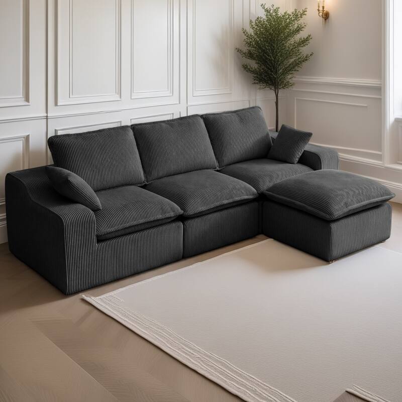 Dyonery - 107" L-shaped compression sofa, movable footstool, flexible combination, suitable for living room,  corduroy, black - Black