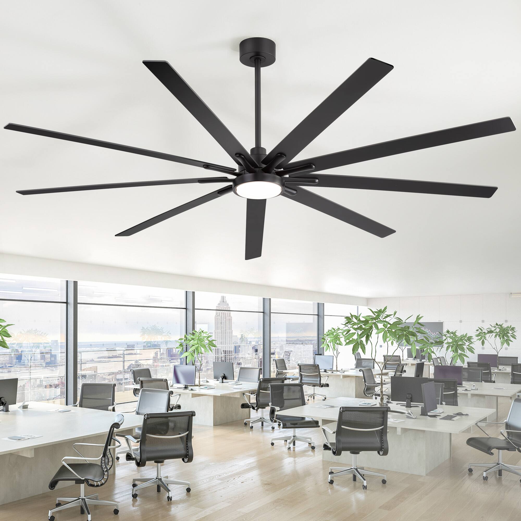 Back. Breezary - 84 Inch Great Ceiling Fan with Remote Control, 9 Reversible Plywood Blades, DC Motor, 3 Downrods, Light/No Light Options - Black (With Light).