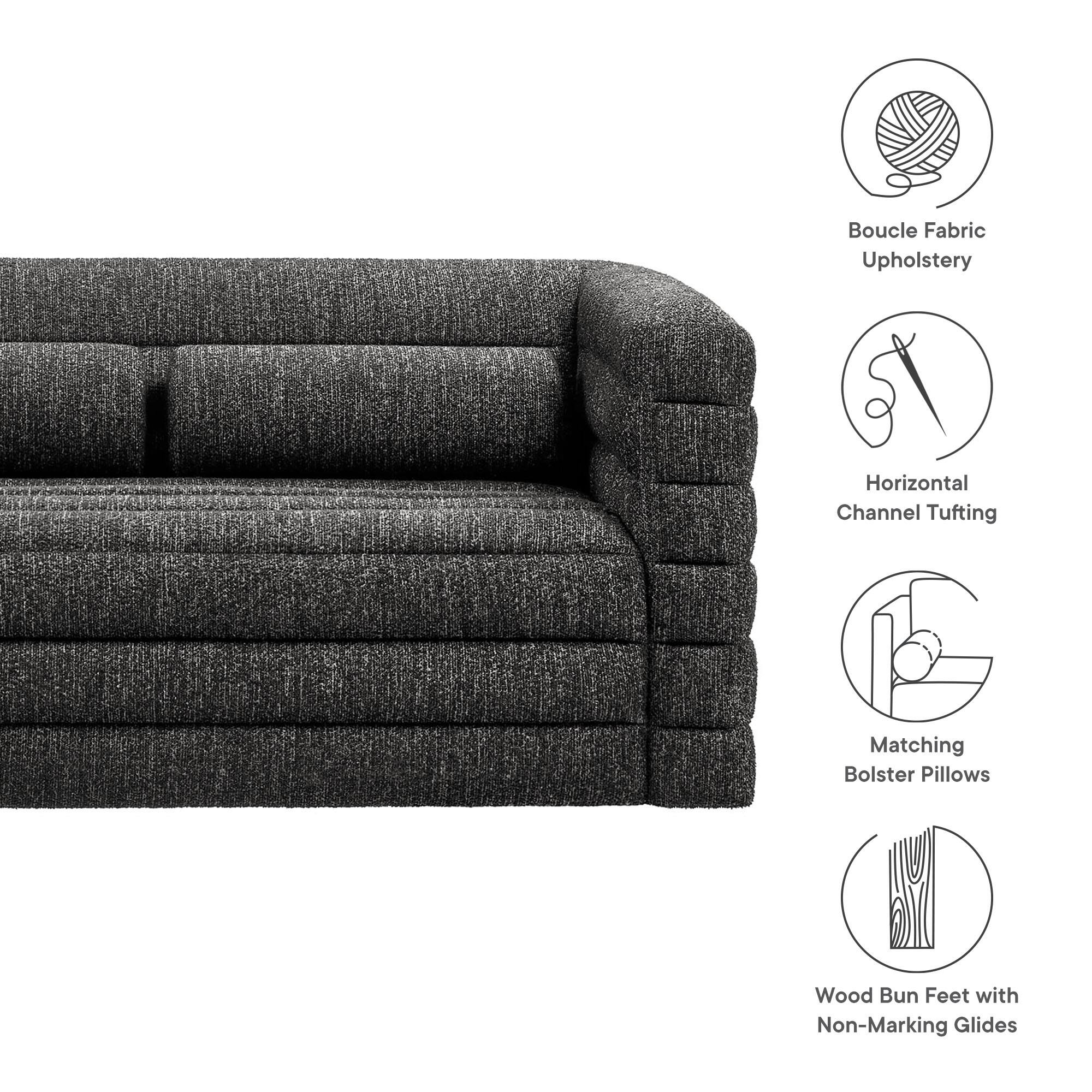 Boucle Fabric Upholstery  
Horizontal Channel Tufting  
Matching Bolster Pillows  
Wood Bun Feet with Non-Marking Glides