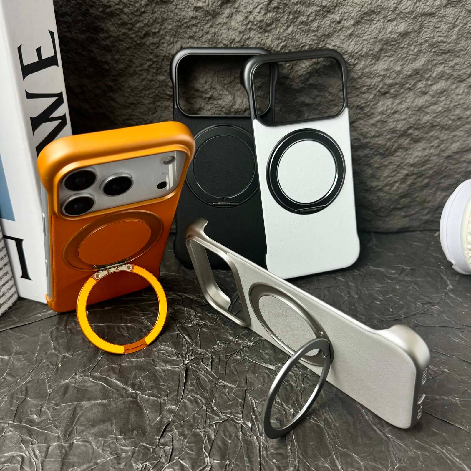 Alt View 4. Dteck - Frameless Slim Phone Case for Apple iPhone 17 Pro Max Built-in Ring Stand, Magnetic Rugged Shockproof Hard PC Back Cover - Gray.