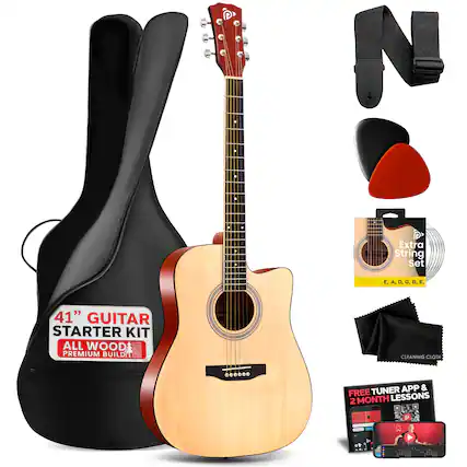 - + P Extra String Set E, A, D, G, B, E, 41" GUITAR STARTER KIT ALL WOOD PREMIUM BUILD, TORO CLEANING CLOTH, TUNER APP & FREE LESSONS 2 MONTH