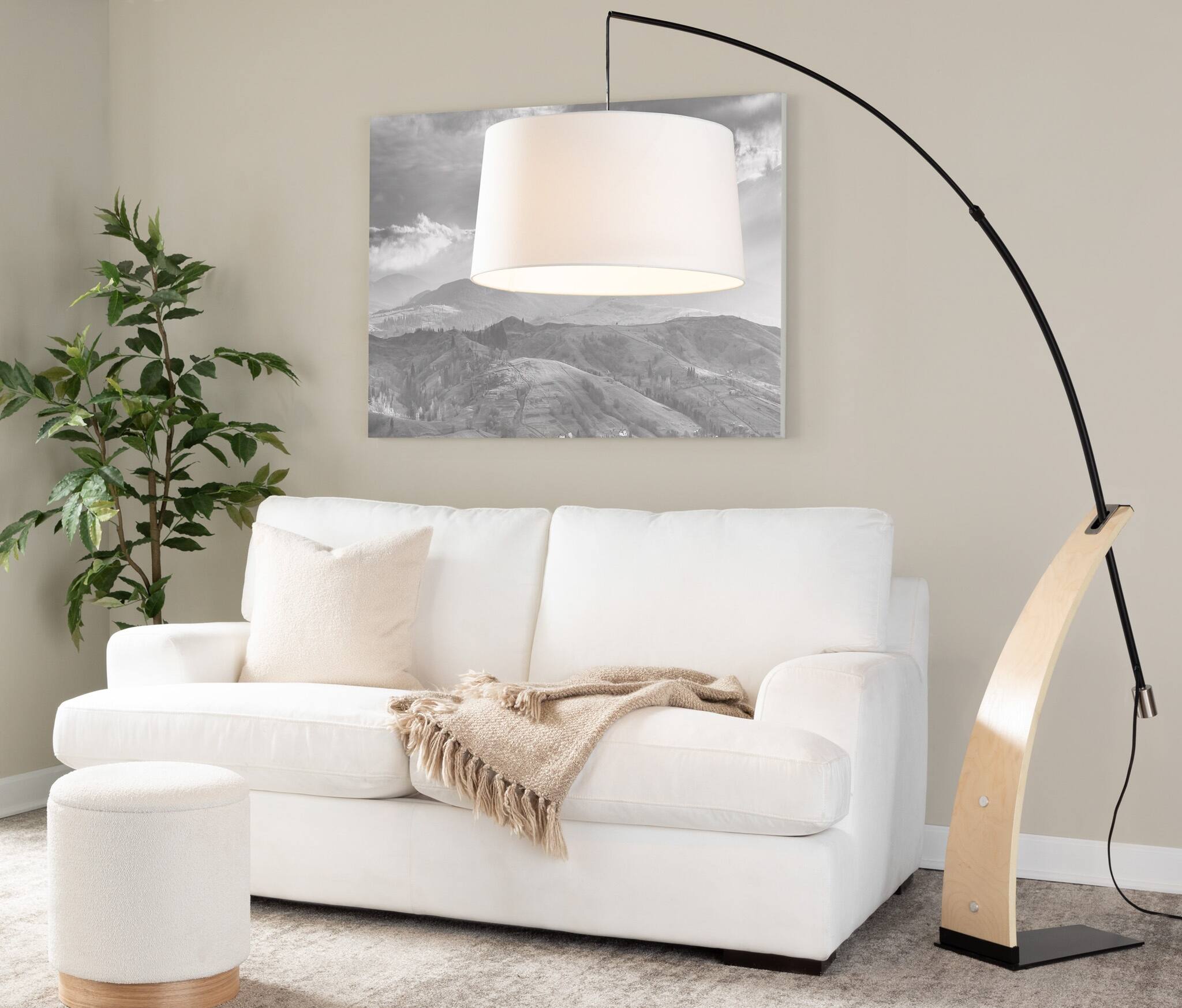 Alt View 7. Loheer - Loheer Natural Wood Floor Lamp with White Linen Shade for Living Room Bedroom Arched Standing Tall Light - Natural Wood,White.