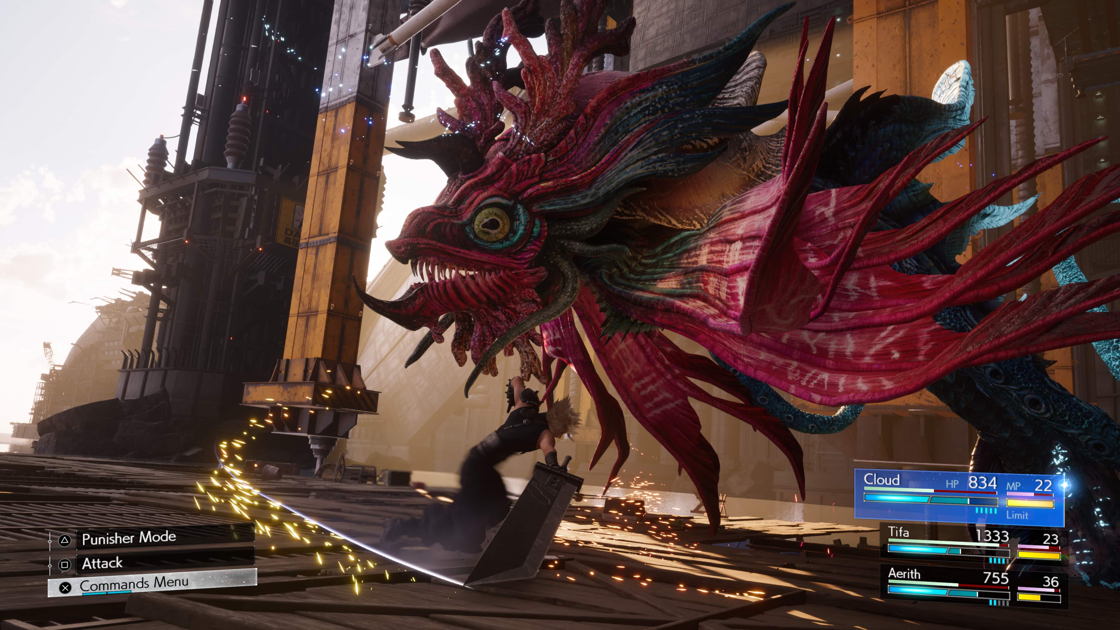 DA Cloud HP 834 MP 22 Punisher Mode Attack x Commands Menu Tifa 1333 Aerith 755 Limit 23 36