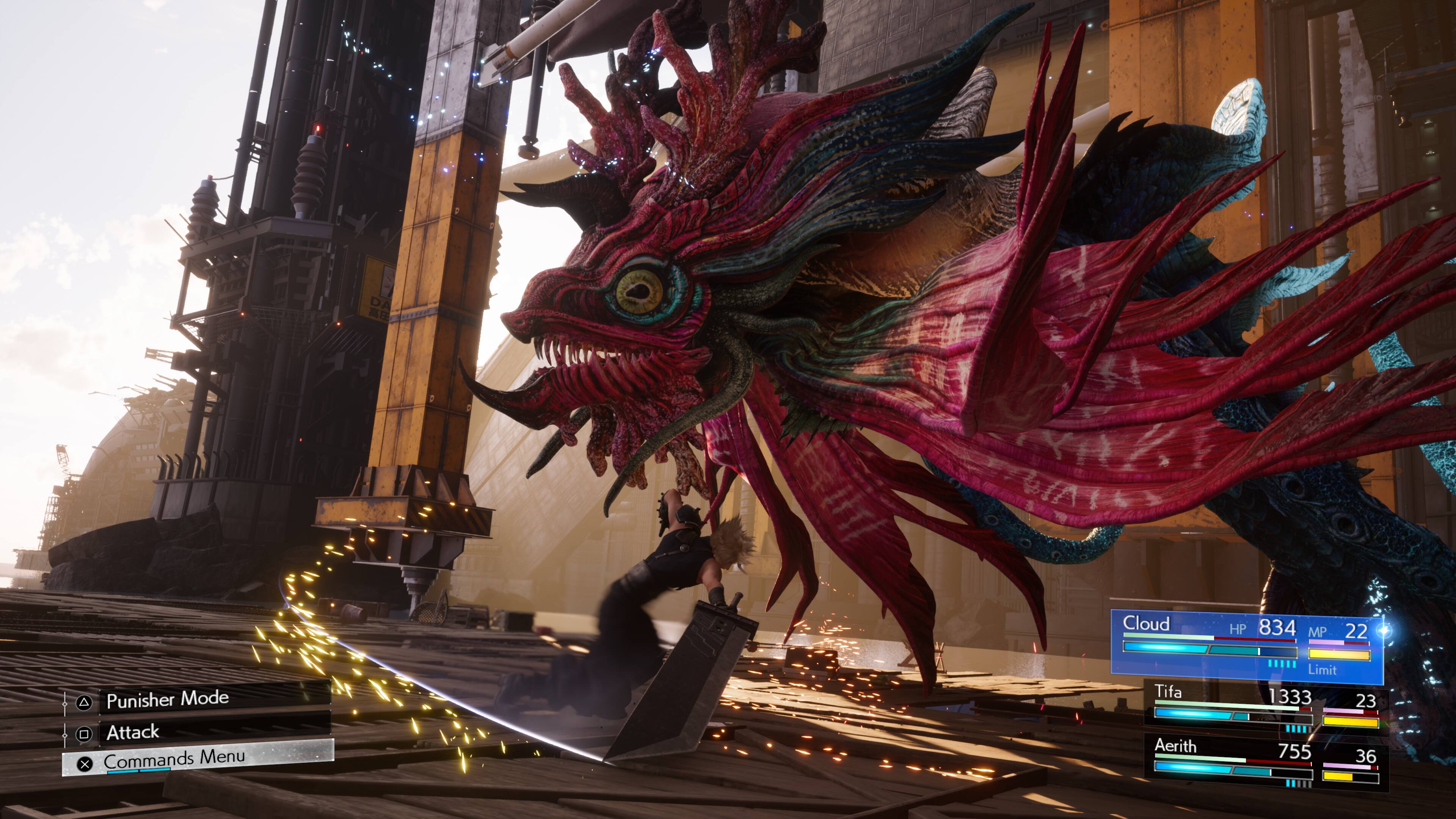 DA Cloud HP 834 MP 22 Punisher Mode Attack x Commands Menu Tifa 1333 Aerith 755 Limit 23 36