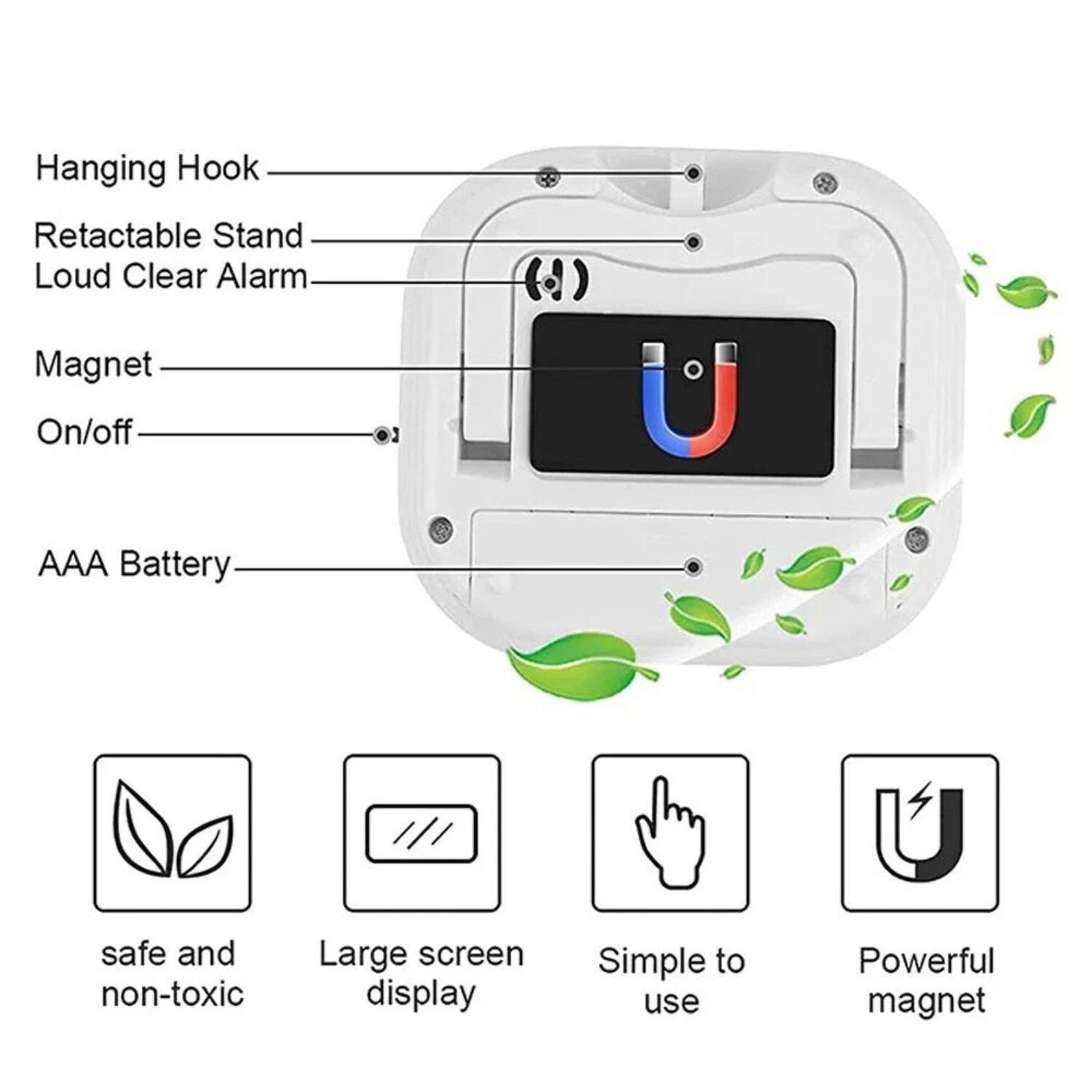 Hanging Hook, Retractable Stand, Loud Clear Alarm, Magnet, On/off, AAA Battery, safe and non-toxic, Large screen display, Simple to use, Powerful magnet