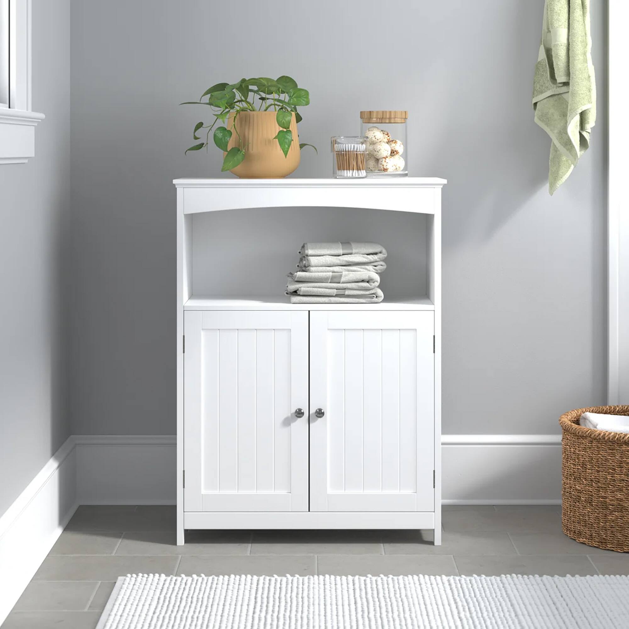 Alt View 4. Redmon - Redmon Double Door Bathroom Floor Cabinet with Open Shelf Storage, White - White.