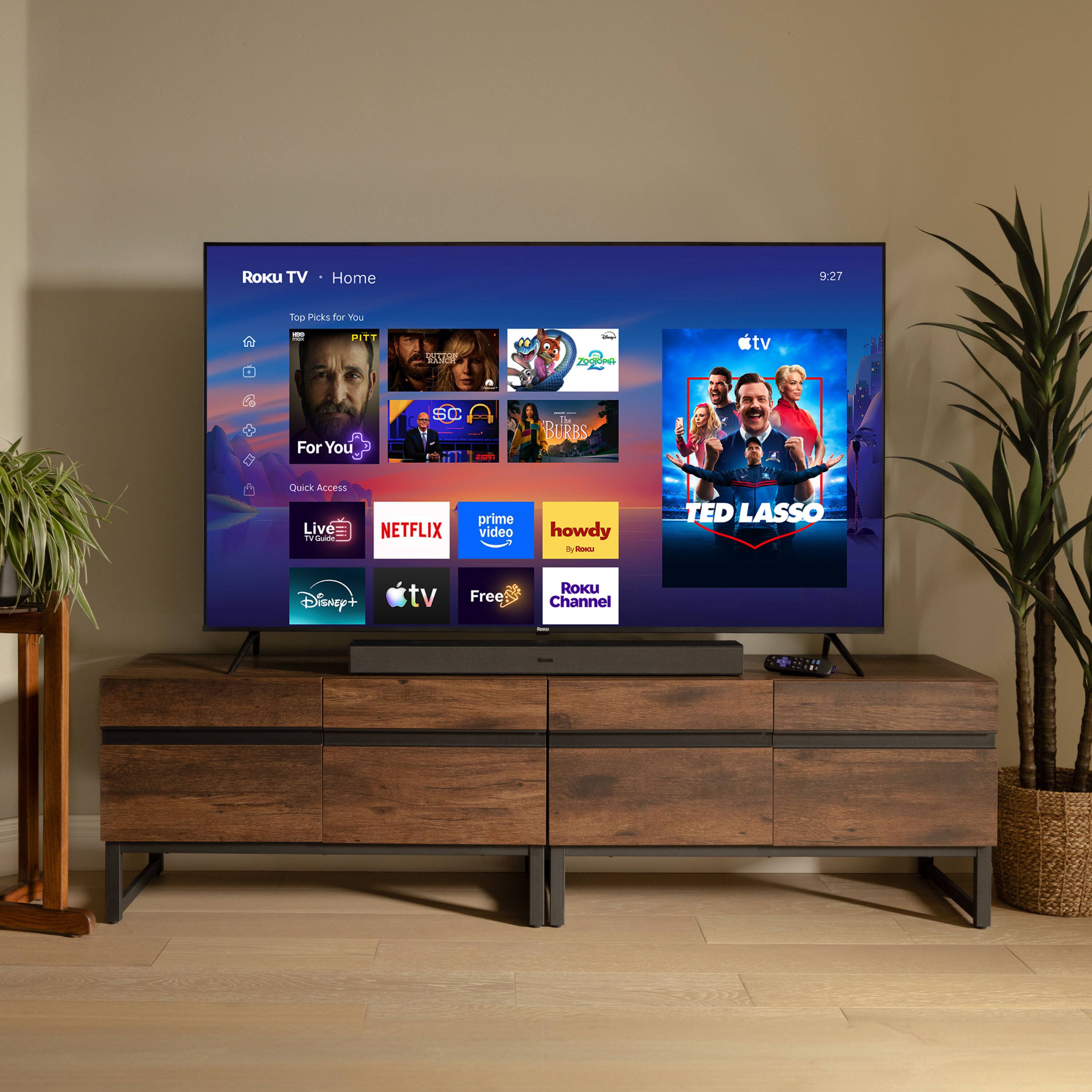 Roku TV  
Home  
9:27  
Top Picks for You  
100 THE PIT  
DUTTON BACK  
ZOOOOOO  
actv  
For You  
Quick Access  
Live TV Guide  
NETFLIX  
prime video  
howdy  
TED LASSO  
Disney+  
tv  
Free  
Roku Channel