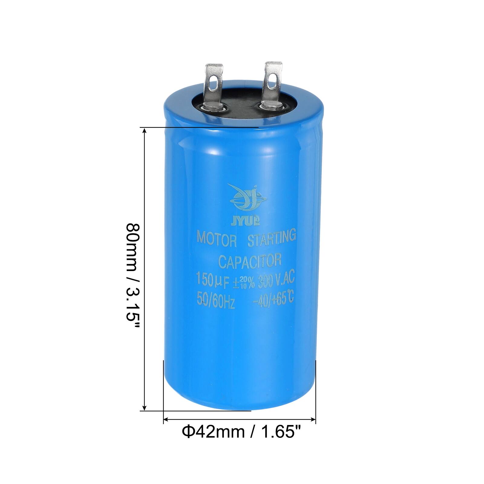 80mm / 3.15" JYUP MOTOR STARTING CAPACITOR 150μF 70% 300 V.AC 50/60Hz -40/+65°C 42mm / 1.65"