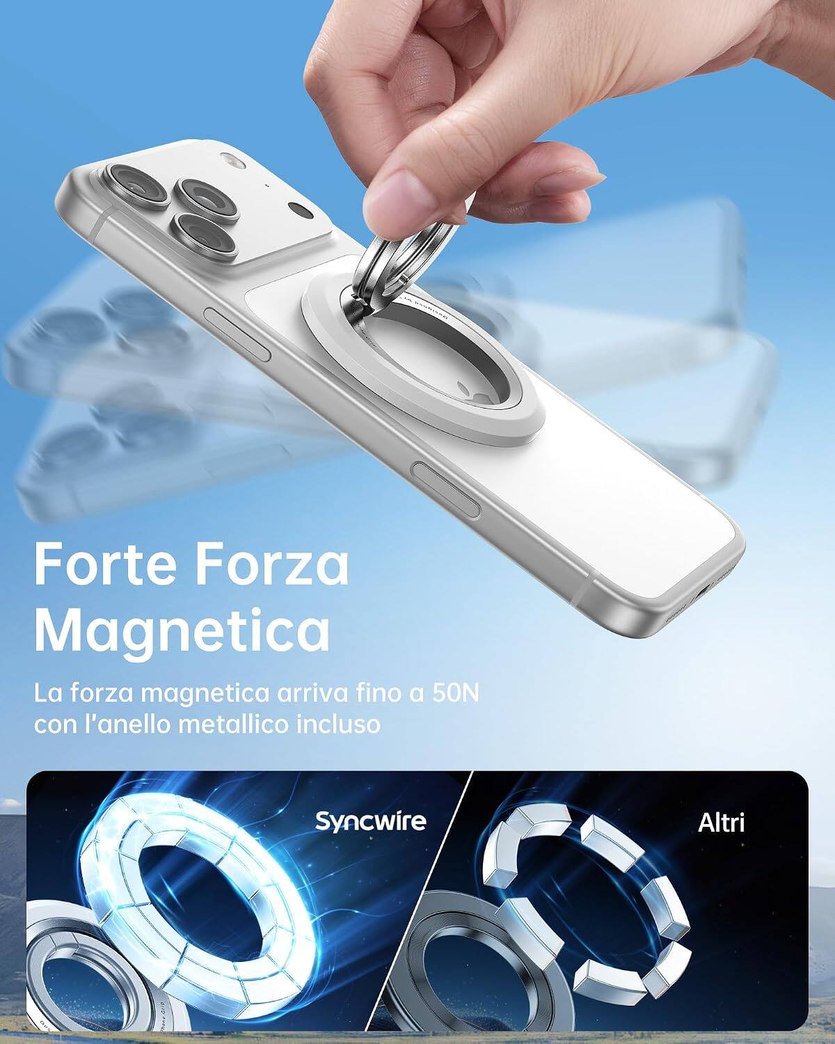Forte Forza Magnetica  
La forza magnetica arriva fino a 50N con l'anello metallico incluso  

Syncwire  
Altri