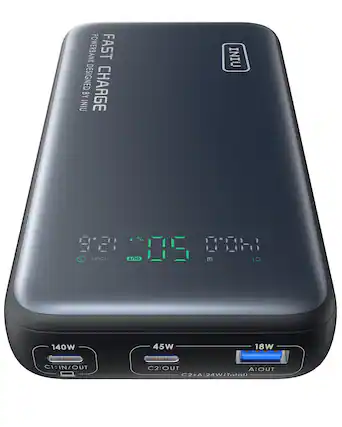 The text on the image reads:
POWERBANK FAST CHARGE BY INIU INIU 140W 45W 18W C1:IN/OUT C2:OUT A:OUT C2+A:24W (Total)
The corrected text is:
POWERBANK FAST CHARGE BY INIU INIU 140W 45W 18W C1:IN/OUT C2:OUT A:OUT C2+A:24W (Total)