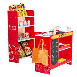 SKONYON - Kids Wooden Grocery Store Playset with Conveyor Belt and Scanner - Red