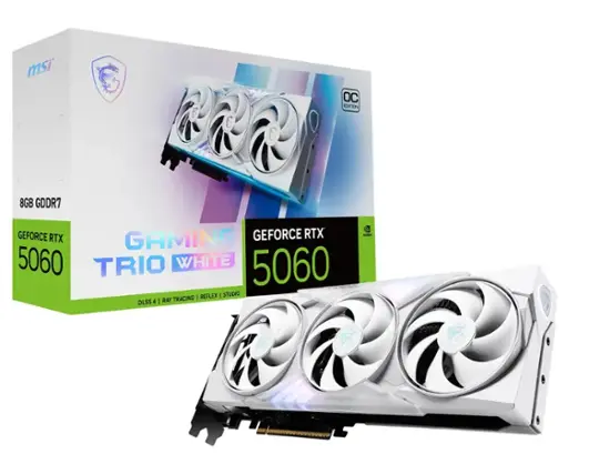 The text on the image reads: "MSI OC EDITION 8GB GDDR7 GEFORCE RTX GAMING 5060 TRIO WHITE 5060 REFLEX | STUDIO RAY TRACING | DLSS 4 | nE".