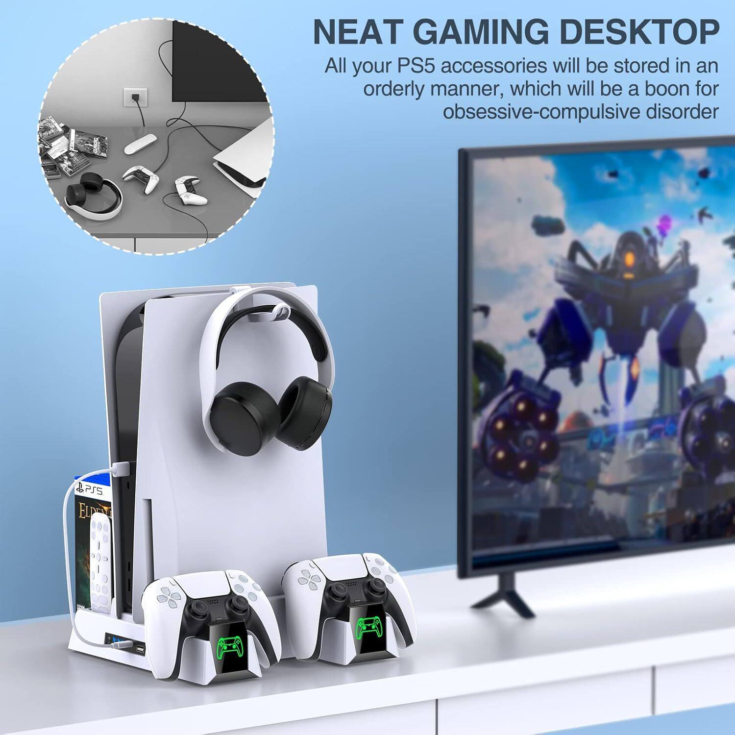 NEAT GAMING DESKTOP  
All your PS5 accessories will be stored in an orderly manner, which will be a boon for obsessive-compulsive disorder