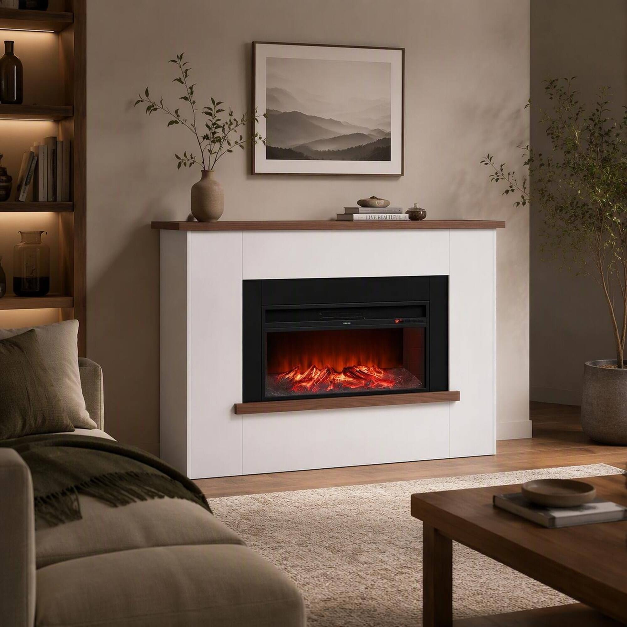 Angle. RYHNUYNE - 65.5 Inch Freestanding Electric Fireplace Heater With Mantel, Adjustable Flames Remote Timer Overheat Protection - Black White.