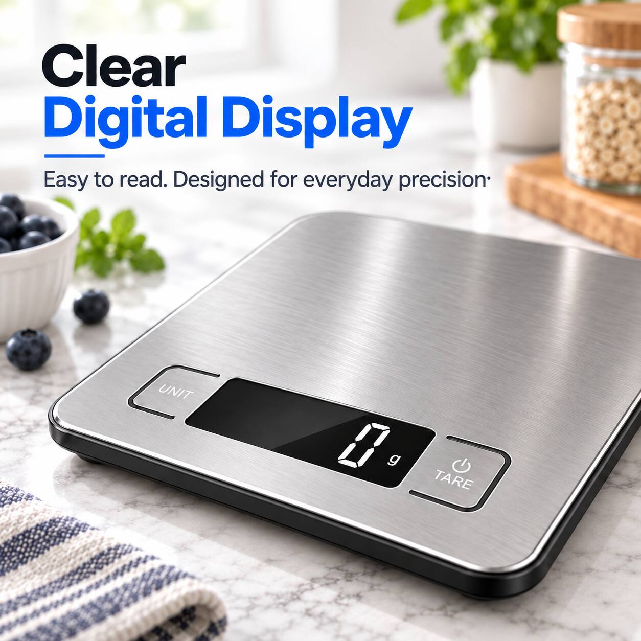 Clear Digital Display  
Easy to read. Designed for everyday precision.  

UNIT  
g  
TARE