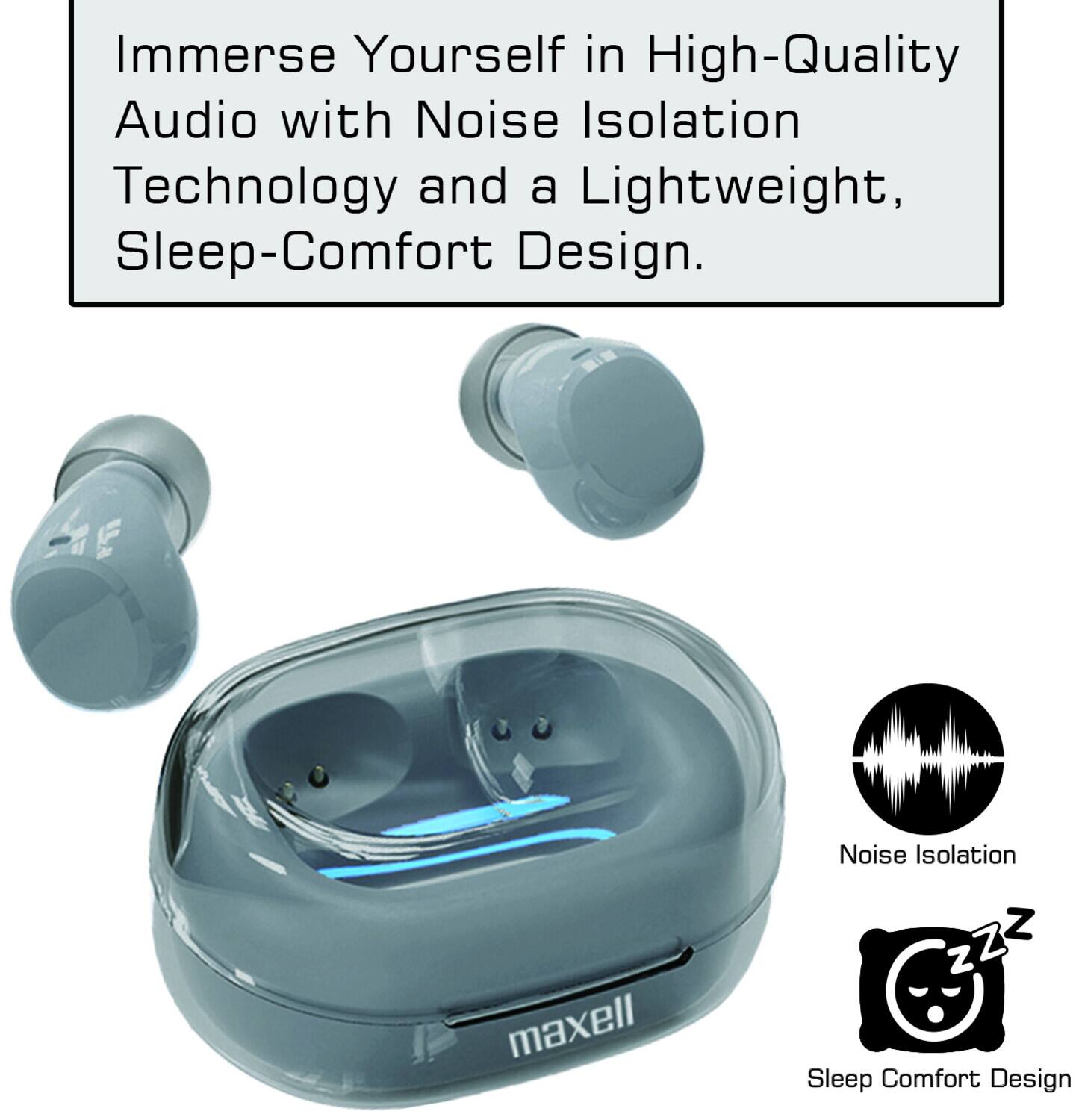 Immerse Yourself in High-Quality Audio with Noise Isolation Technology and a Lightweight, Sleep-Comfort Design. maxell Noise Isolation ZZZ Sleep Comfort Design