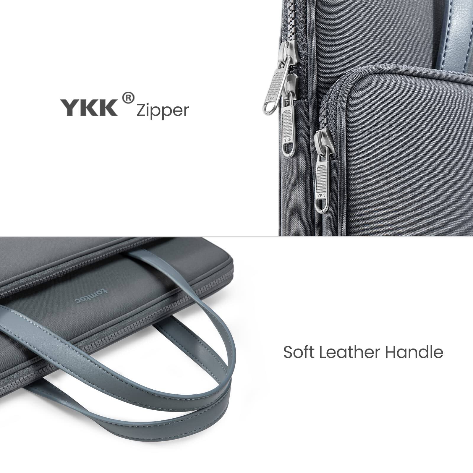 The text on the image reads: "YKK zipper. Soft Leather Handle."