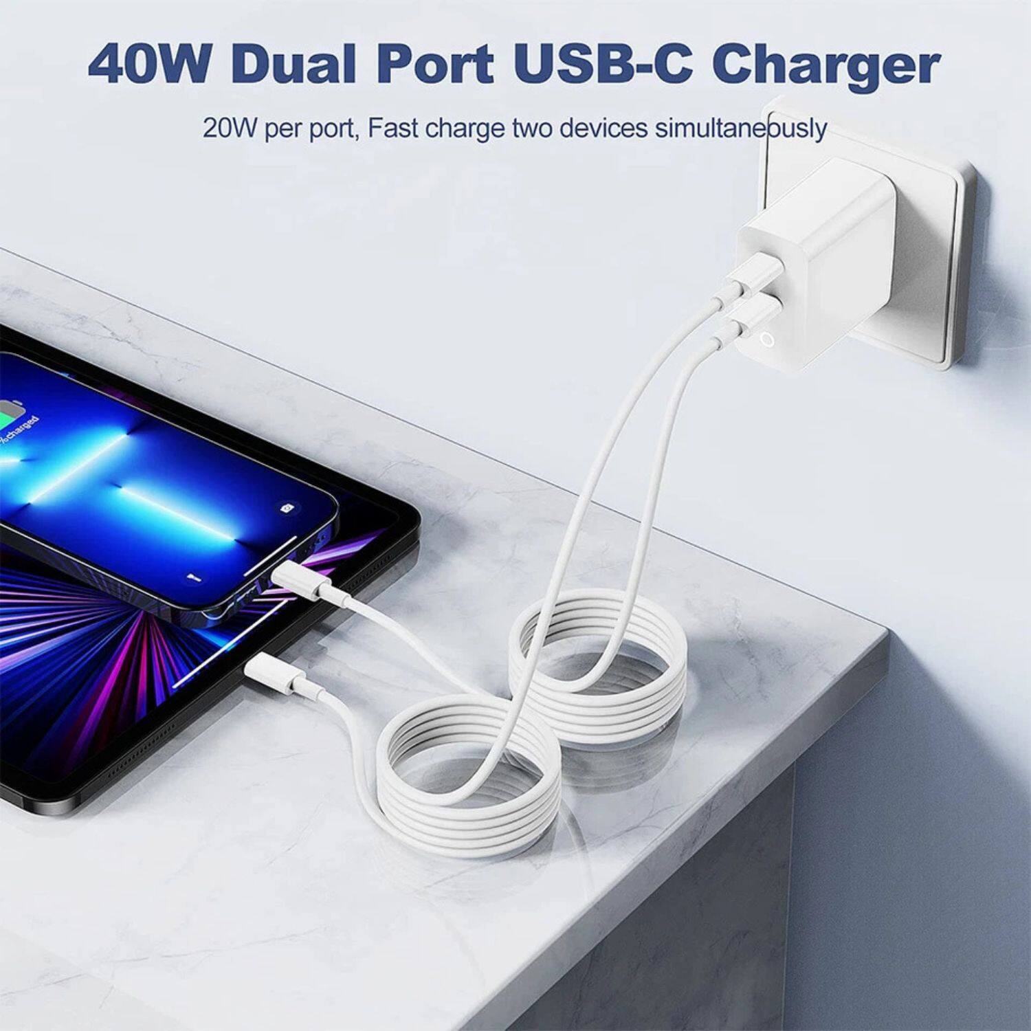 40W Dual Port USB-C Charger  
20W per port, Fast charge two devices simultaneously