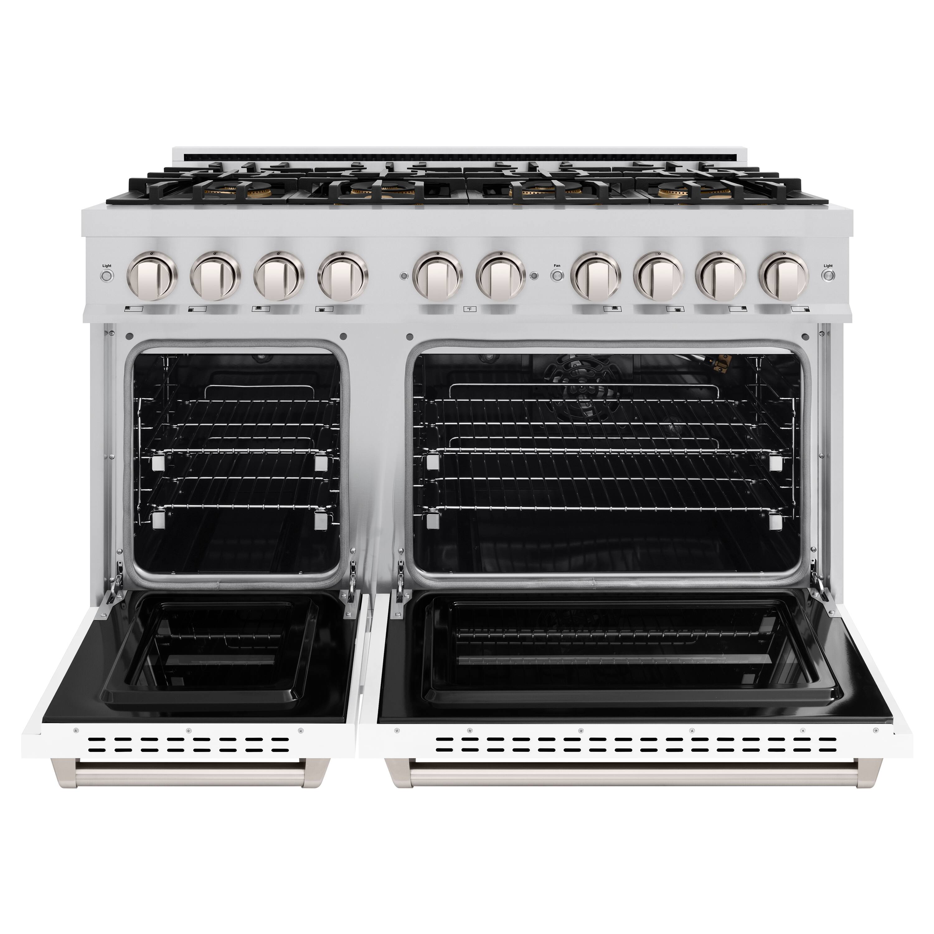 Angle. ZLINE - 48 in. 6.7 cu. ft. Classic Freestanding Gas Range with 8 Burner DuoPro Cooktop and Dual Ovens with White Matte Doors - White Matte.