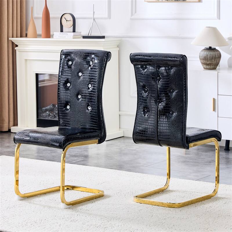 Front. HTUTWOO - Set of 2 Retro Alligator Skin Upholstered Dining Chairs - Crystal Buckle Design, Faux Leather, Gold Gilded Metal Bow Leg - Black.
