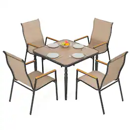 Nuu Garden - 5-Piece Textilene Patio Dining Set with Umbrella Hole, Stackable Design, Faux Wood Armrests - Black and Khaki