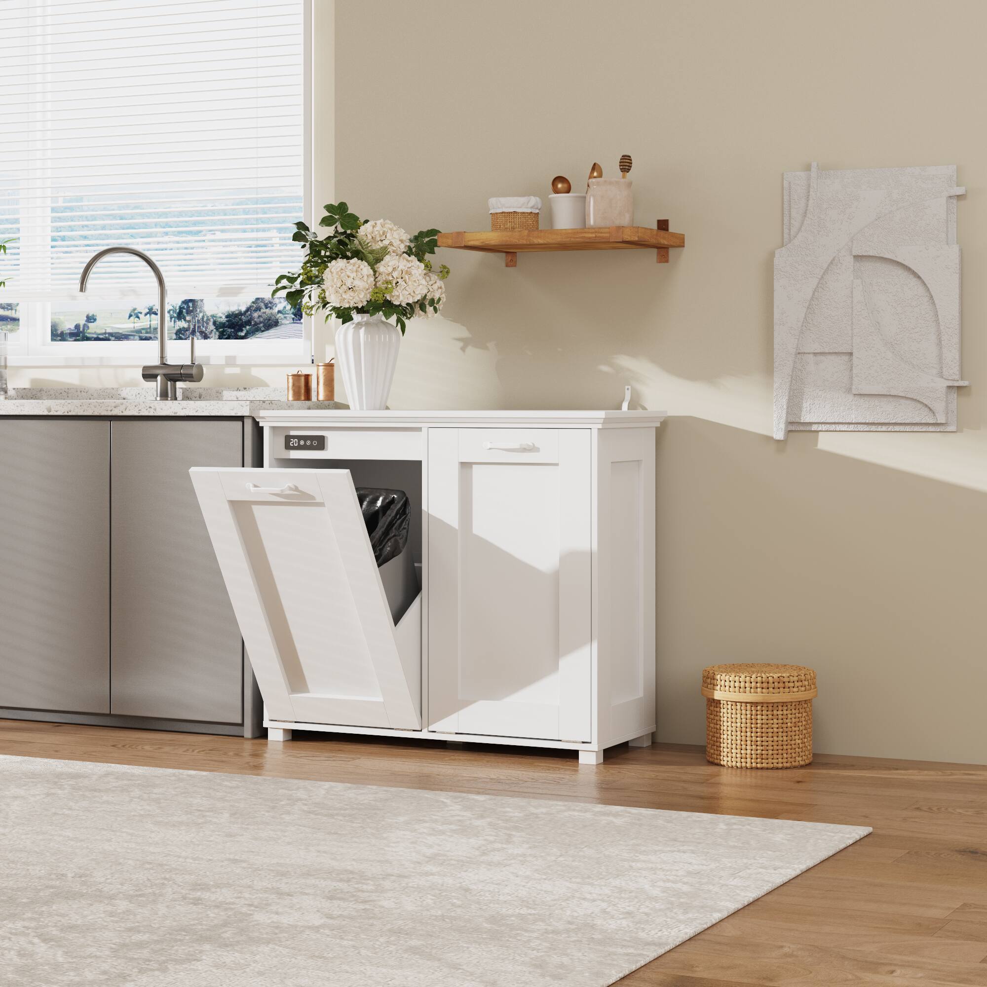 Alt View 4. Famapy - 20-Gallon Dual Trash Cabinet with Ozone Odor Control, Tilt-Out Double Garbage Bin, Wooden Kitchen Deodorizing Cabinet - White.