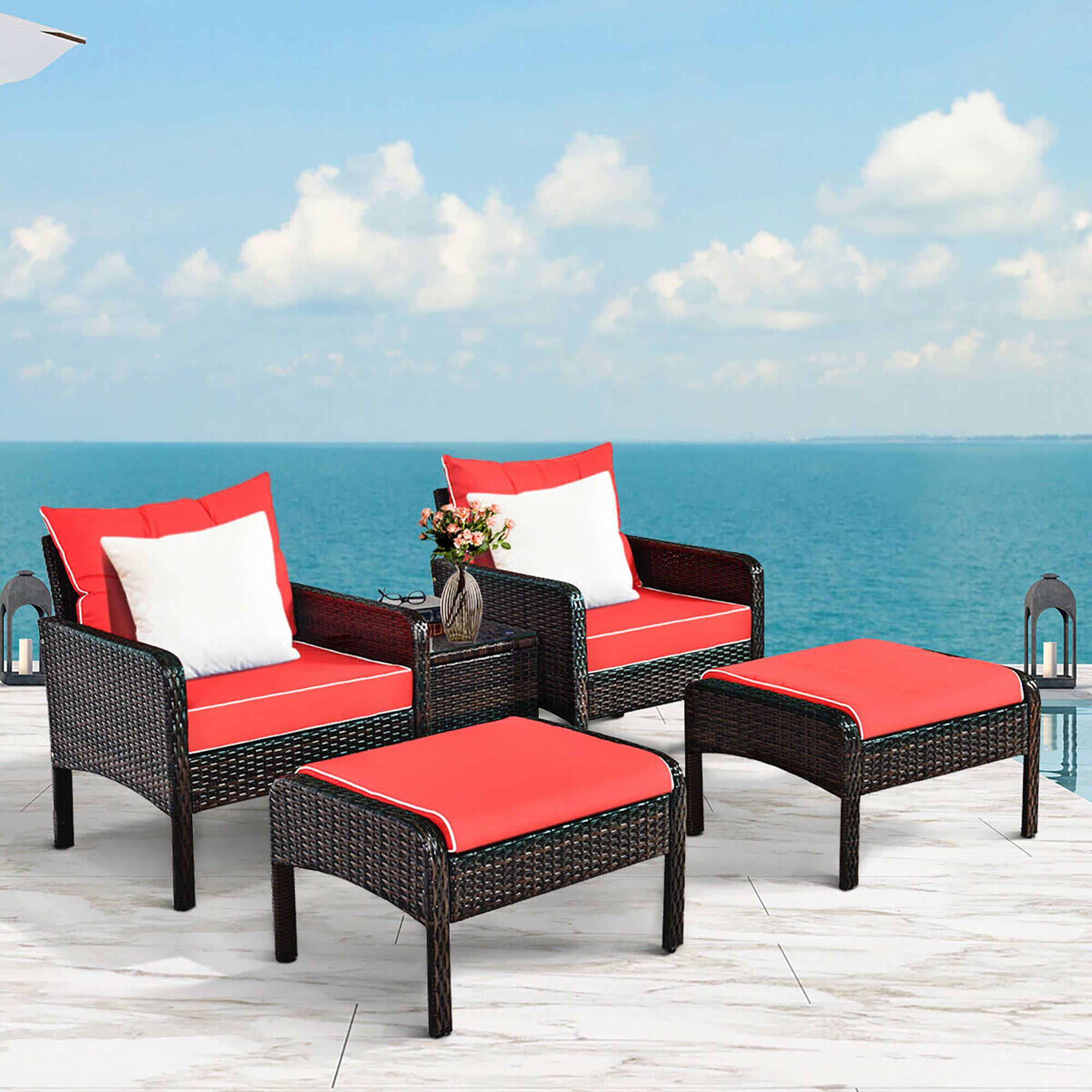 Alt View 1. Costway - Costway 5 PCS Patio Rattan Furniture Set Sofa Ottoman Table Cushioned Yard - Red.