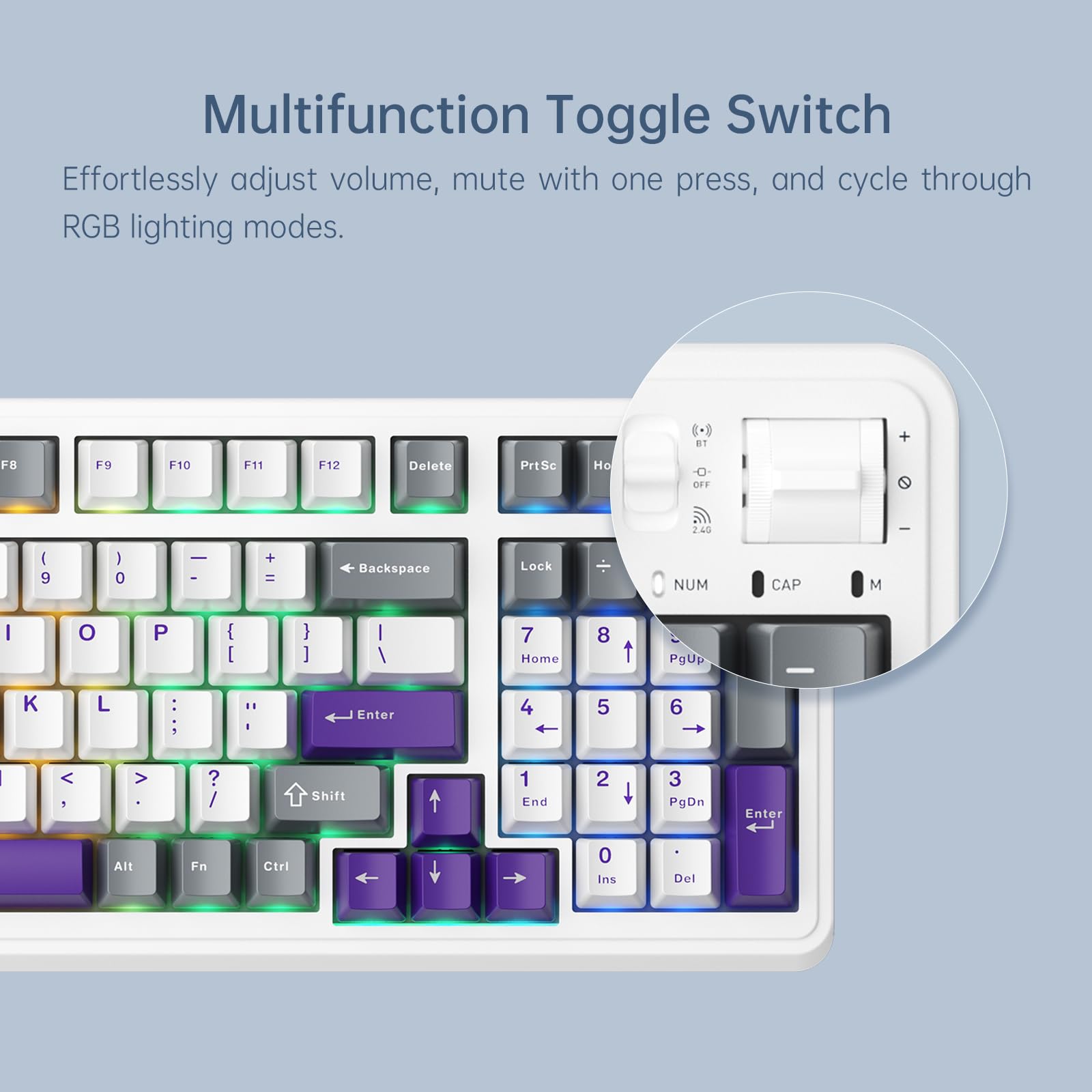 Multifunction Toggle Switch  
Effortlessly adjust volume, mute with one press, and cycle through RGB lighting modes.