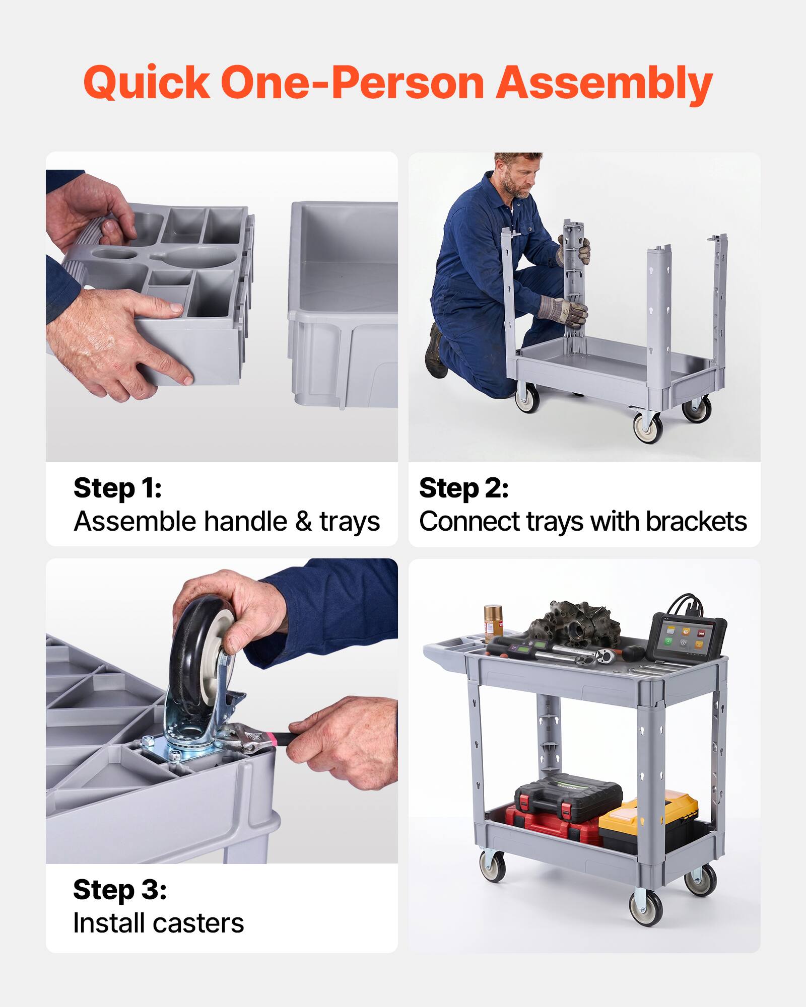 Quick One-Person Assembly

Step 1: Assemble handle & trays

Step 2: Connect trays with brackets

Step 3: Install casters