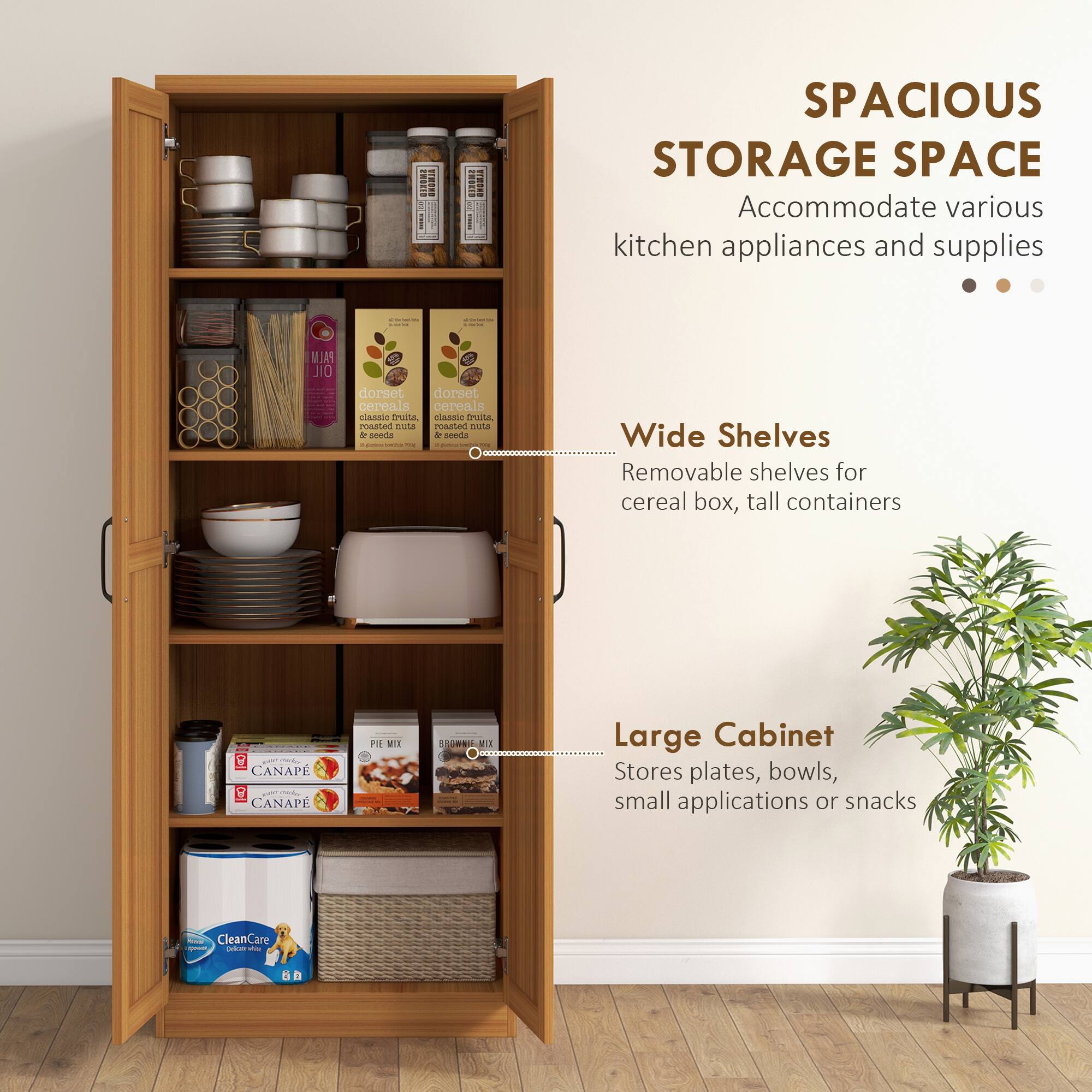 SPACIOUS STORAGE SPACE  
Accommodate various kitchen appliances and supplies

Wide Shelves  
Removable shelves for cereal box, tall containers

Large Cabinet  
Stores plates, bowls, small applications or snacks