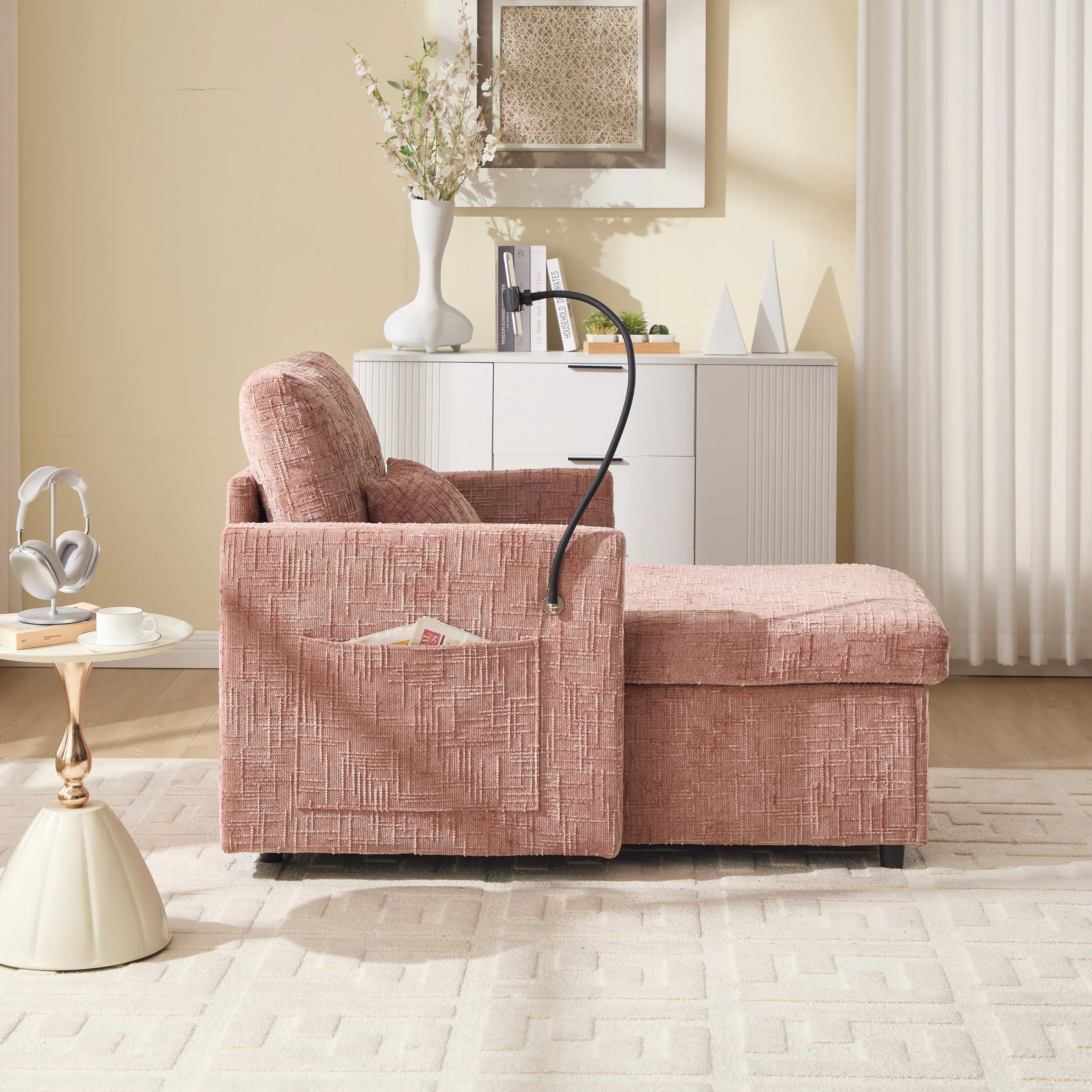 Left. Trinkets Crazed - Lazy Person Sofa Couch, Multifunctional Chenille Single Leisure Chair with Storage Backrest, Cell Phone Bracket - Pink.