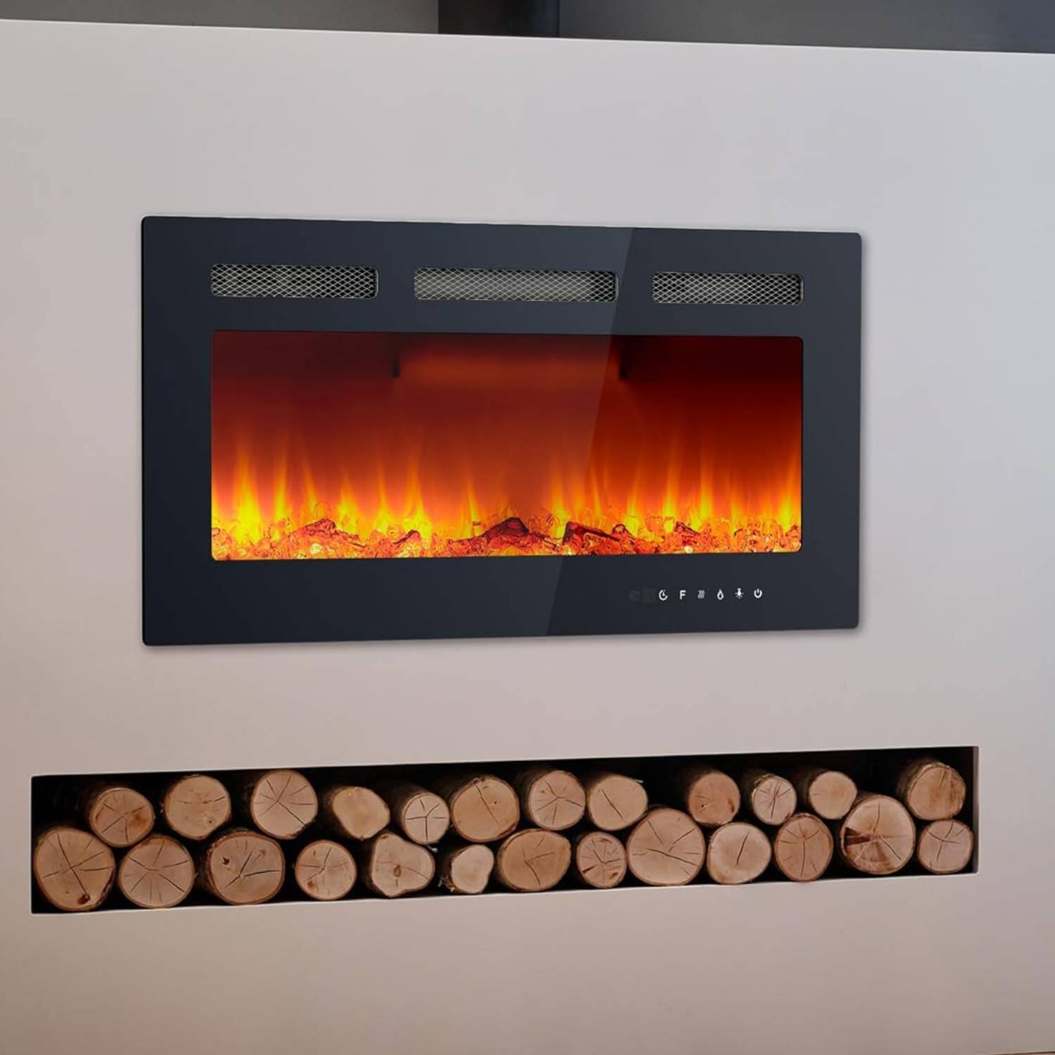 Angle. Qeetex - Modern 36 Inch Wall Built-in Electric Fireplace Heater for Bedrooms, Living Room.