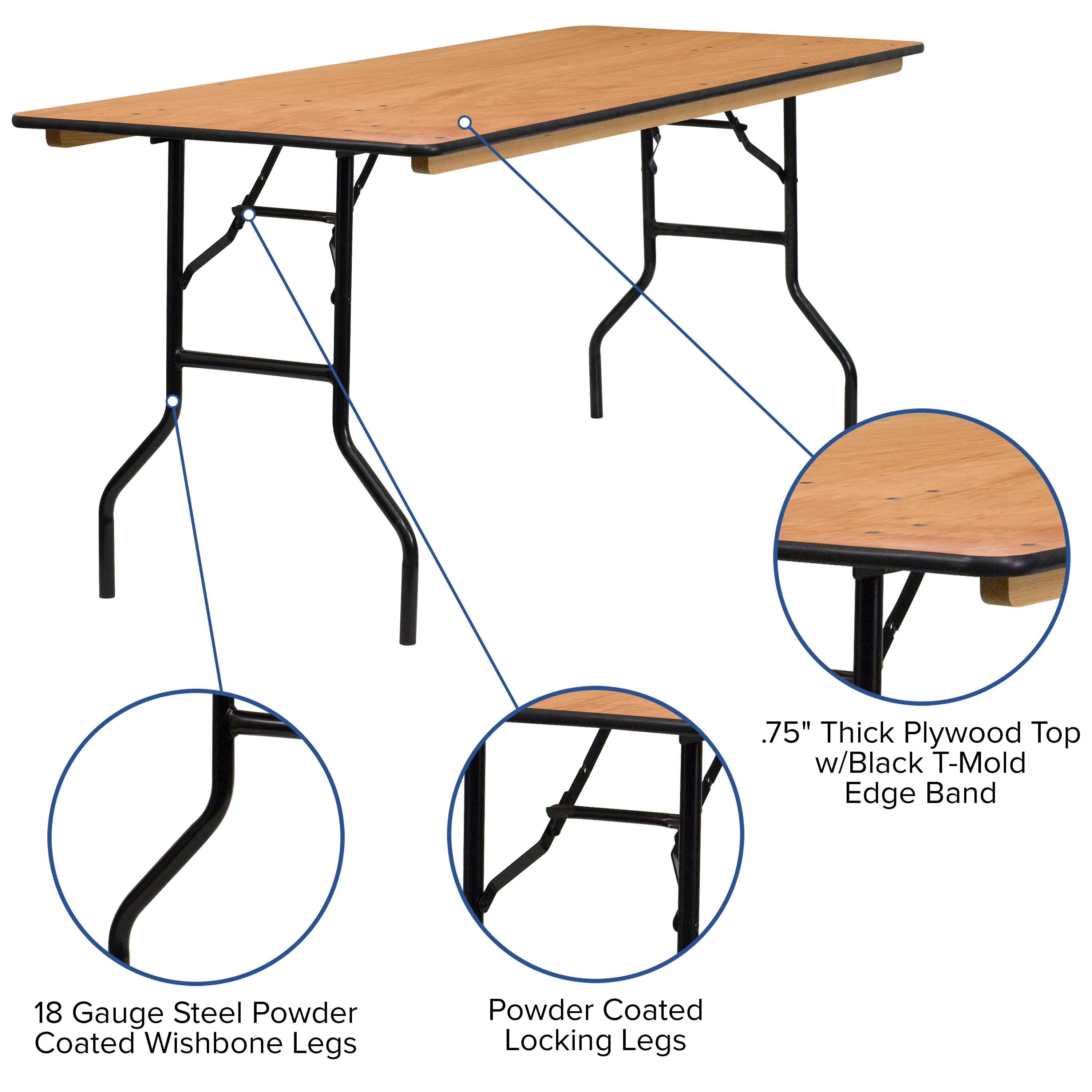 .75" Thick Plywood Top w/Black T-Mold Edge Band  
18 Gauge Steel Powder Coated Wishbone Legs  
Powder Coated Locking Legs