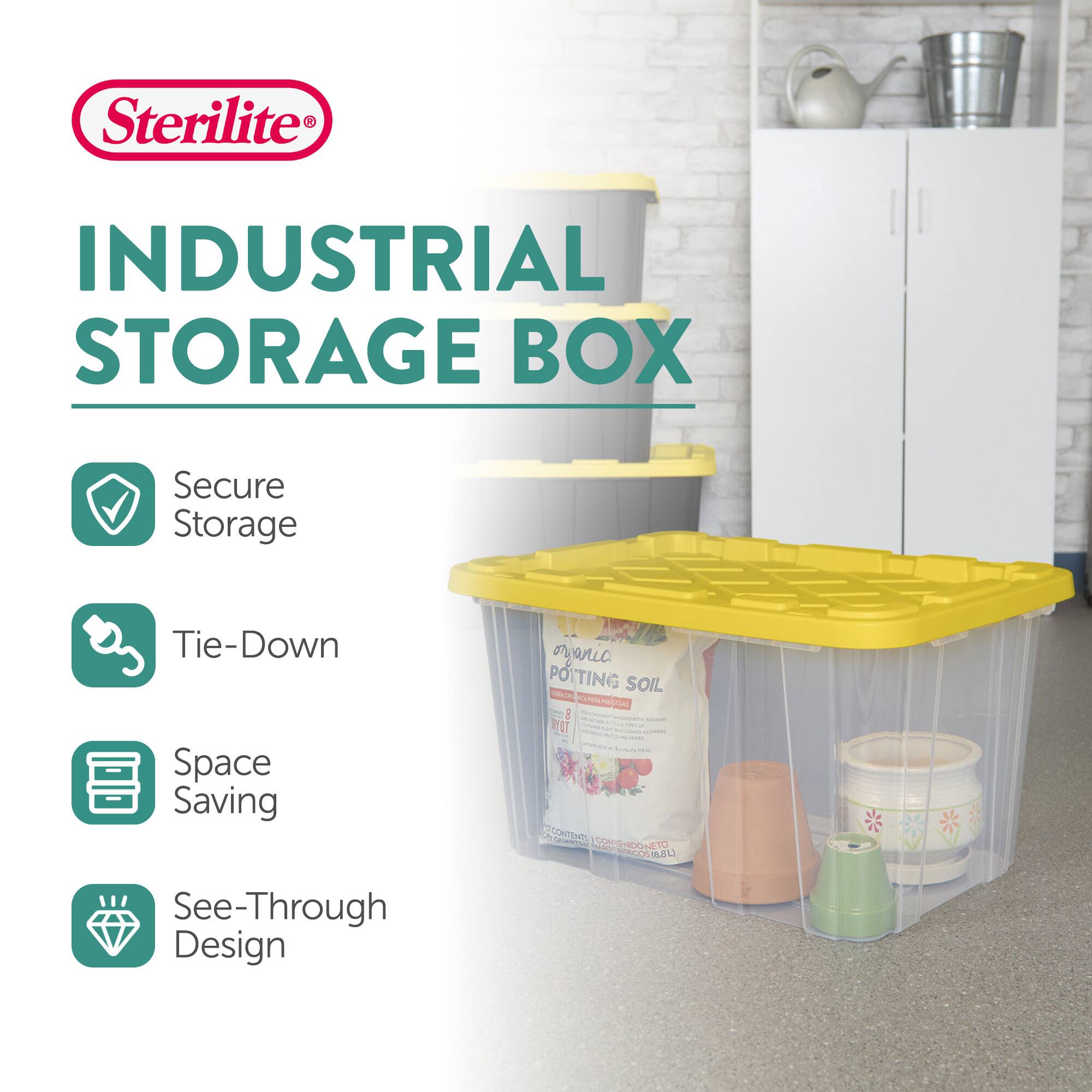 Sterilite INDUSTRIAL STORAGE BOX  
Secure Storage  
Tie-Down  
Space Saving  
See-Through Design  

POTTING SOIL  
- ATL  
- C - 2 - I - - - - - - I |  
- RECNTECT  
- CONTEHDONETO NE10 PAL 05IB