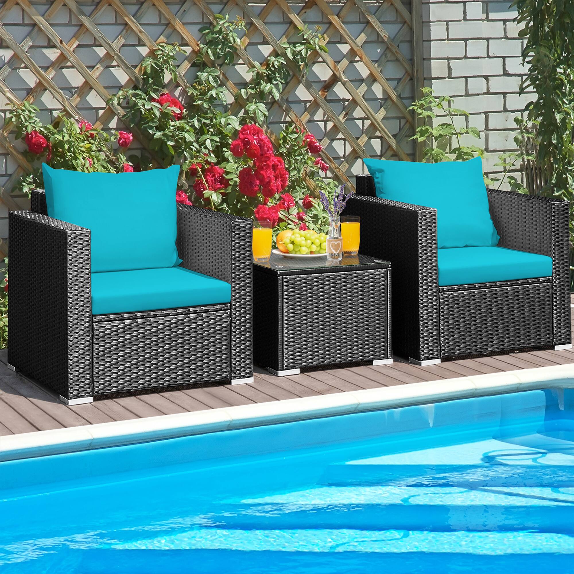 Alt View 2. Gymax - Gymax 3PCS Rattan Patio Conversation Furniture Set Outdoor w/ Turquoise Cushions - Turquoise.