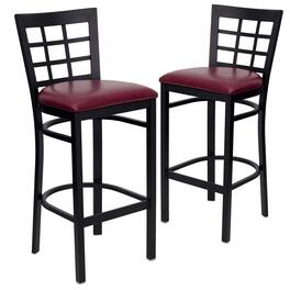 Emma + Oliver - 2 Pack Window Back Metal Restaurant Barstool - Burgundy Vinyl Seat/Black Metal Frame